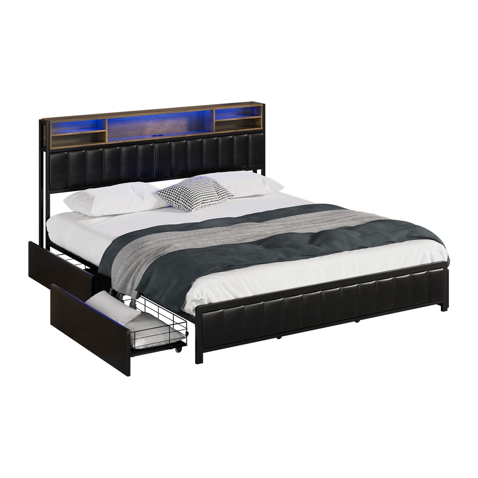 Oikiture Bed Frame King Size with LED Storage Bedhead 4 Drawers USB Charge - Sunyee