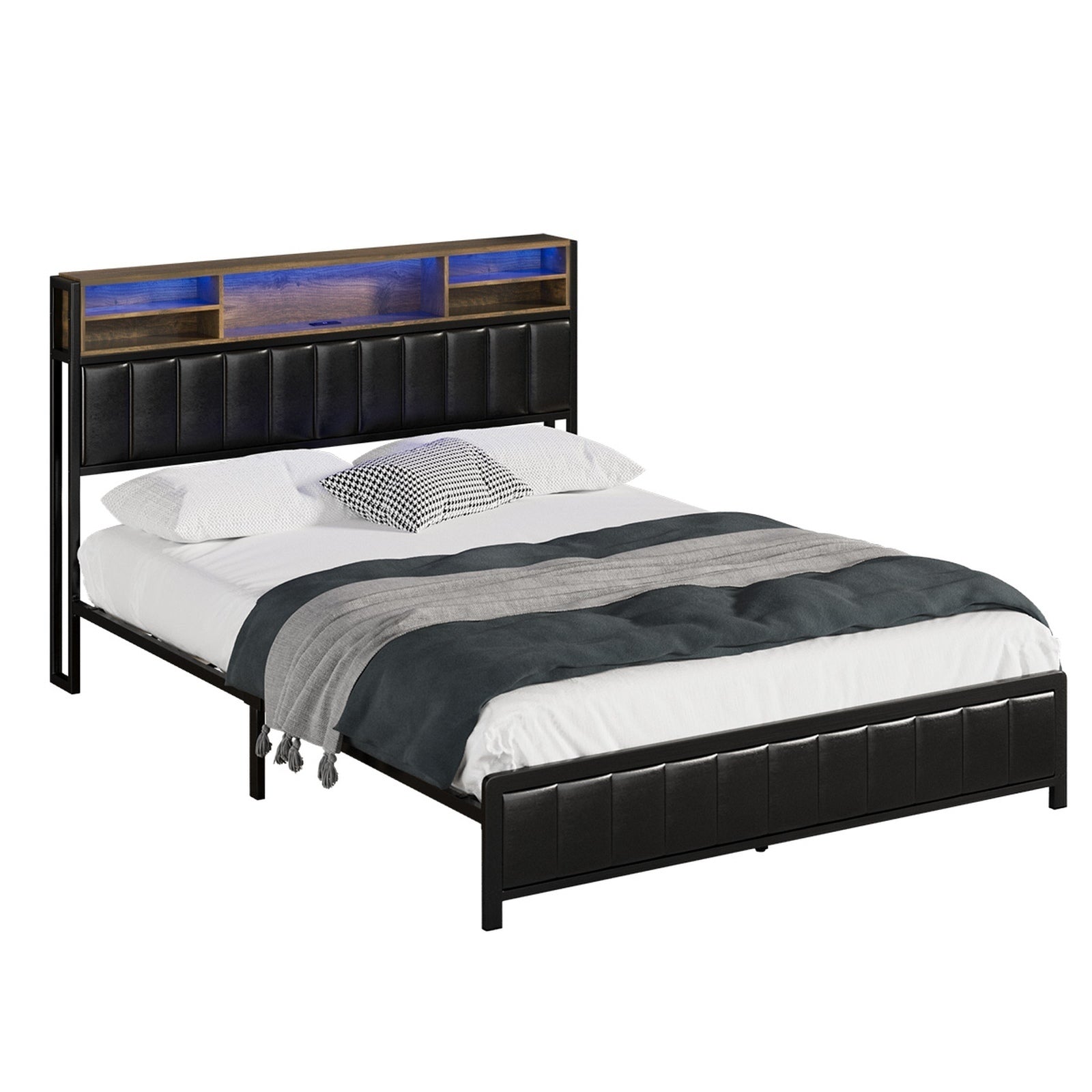 Oikiture Queen Bed Frame With LED Storage Headboard 4 Drawers USB Charge - Sunyee