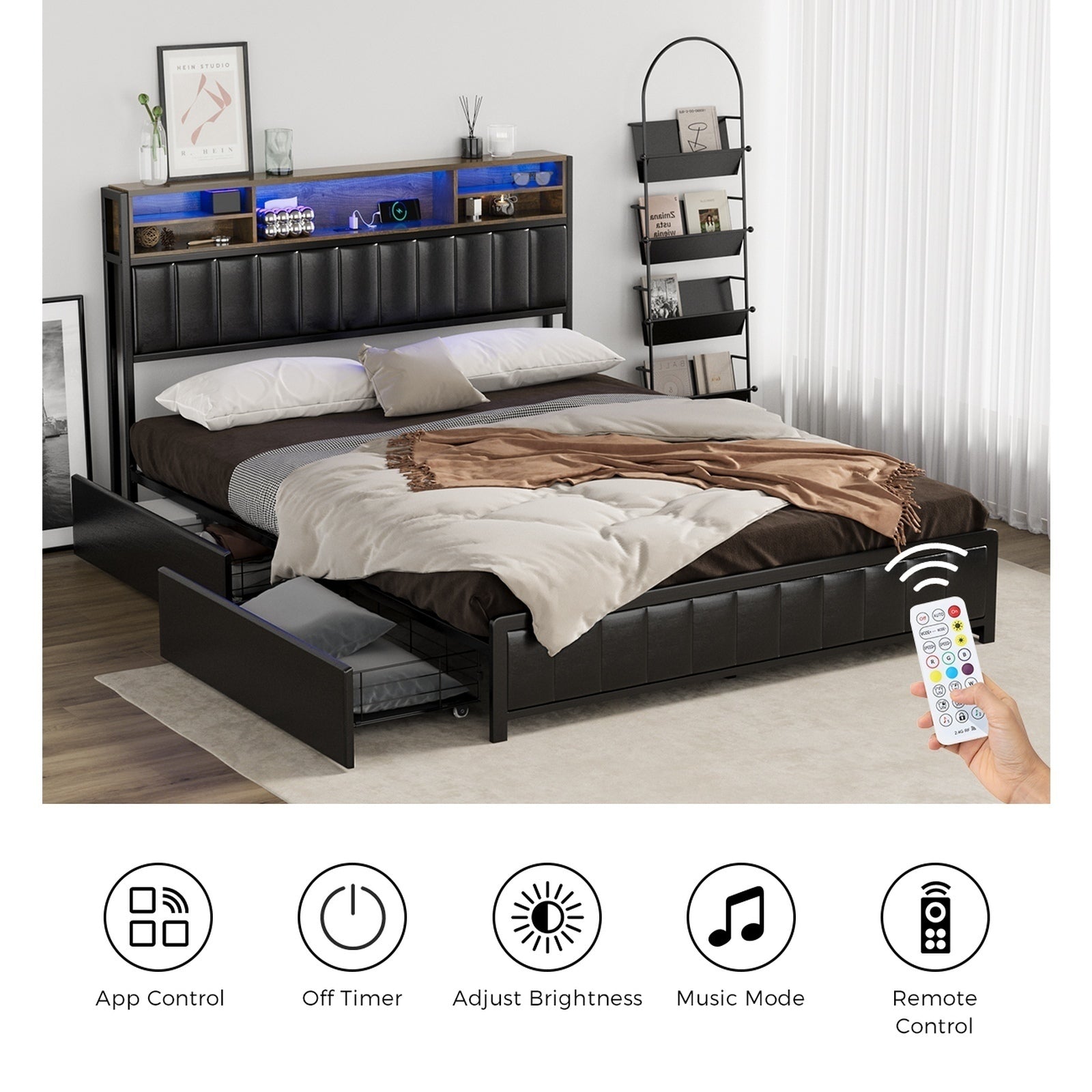 Oikiture Bed Frame Queen Size with LED Storage Bedhead 4 Drawers Leather - Sunyee