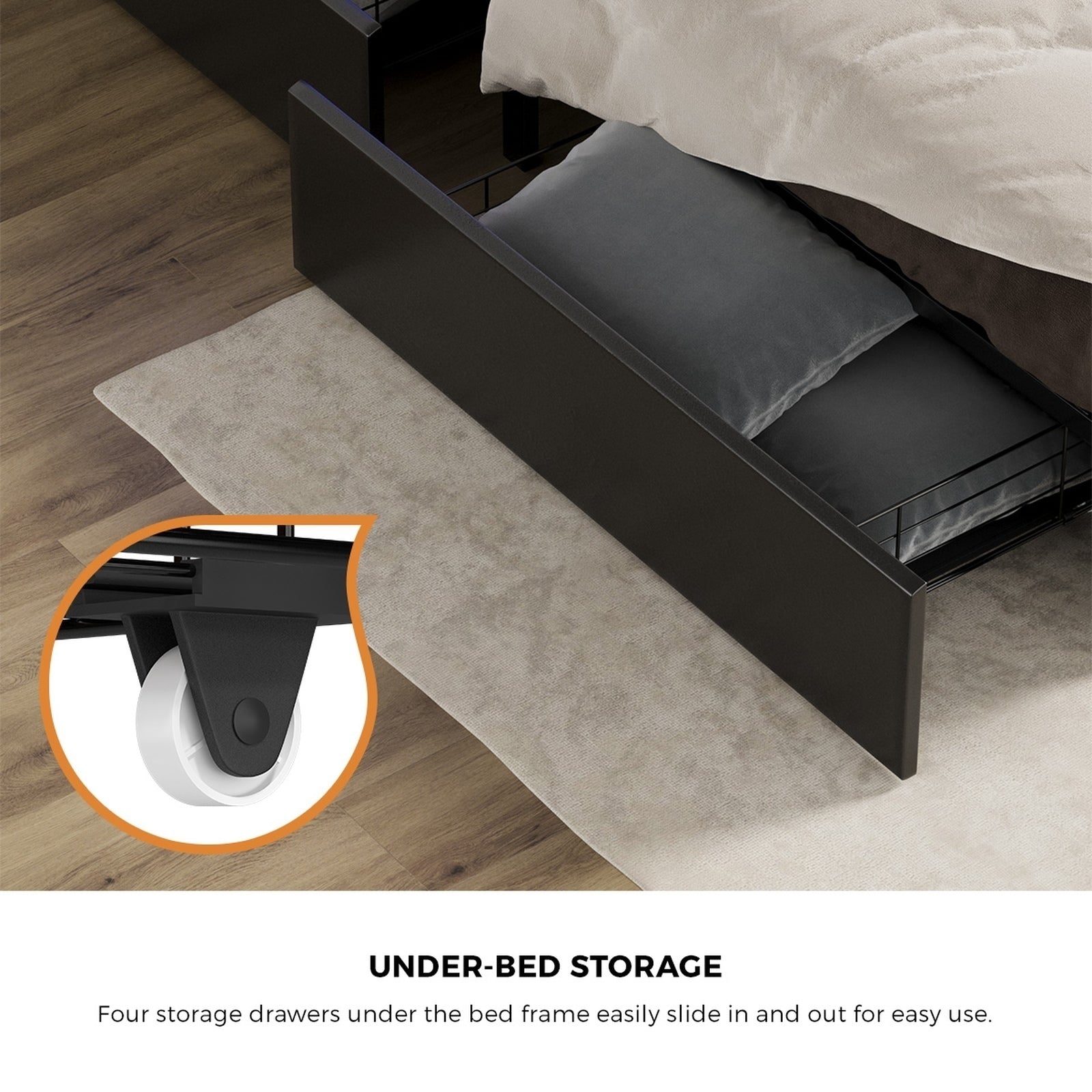 Oikiture Bed Frame Queen Size with LED Storage Bedhead 4 Drawers Leather - Sunyee