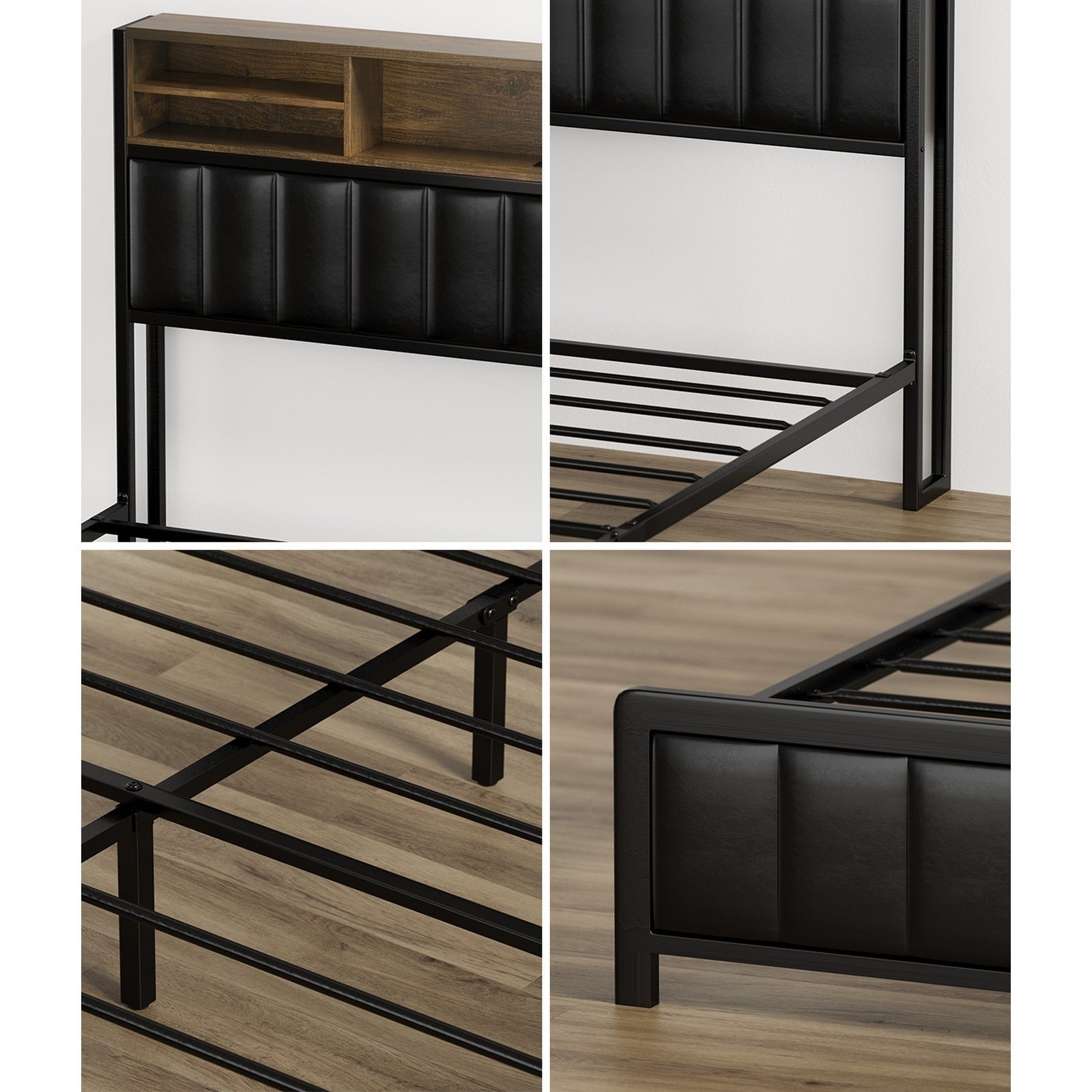 Oikiture Bed Frame Queen Size with LED Storage Bedhead 4 Drawers Leather - Sunyee