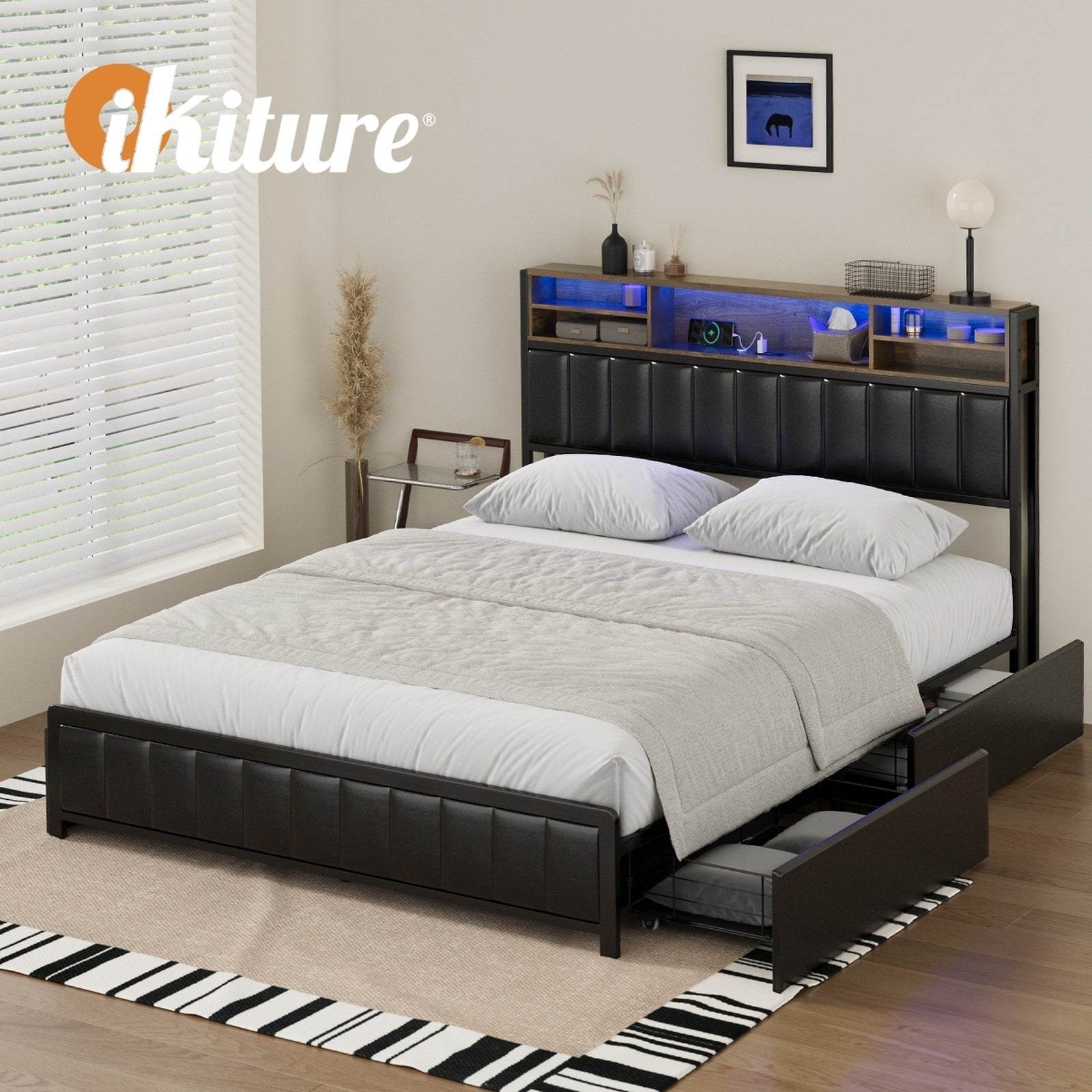 Oikiture Bed Frame Queen Size with LED Storage Bedhead 4 Drawers Leather - Sunyee