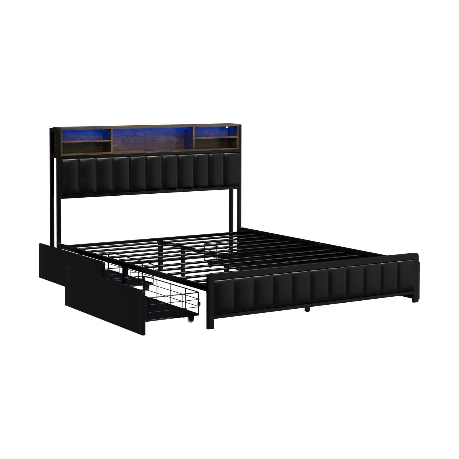 Oikiture Bed Frame Queen Size with LED Storage Bedhead 4 Drawers Leather - Sunyee