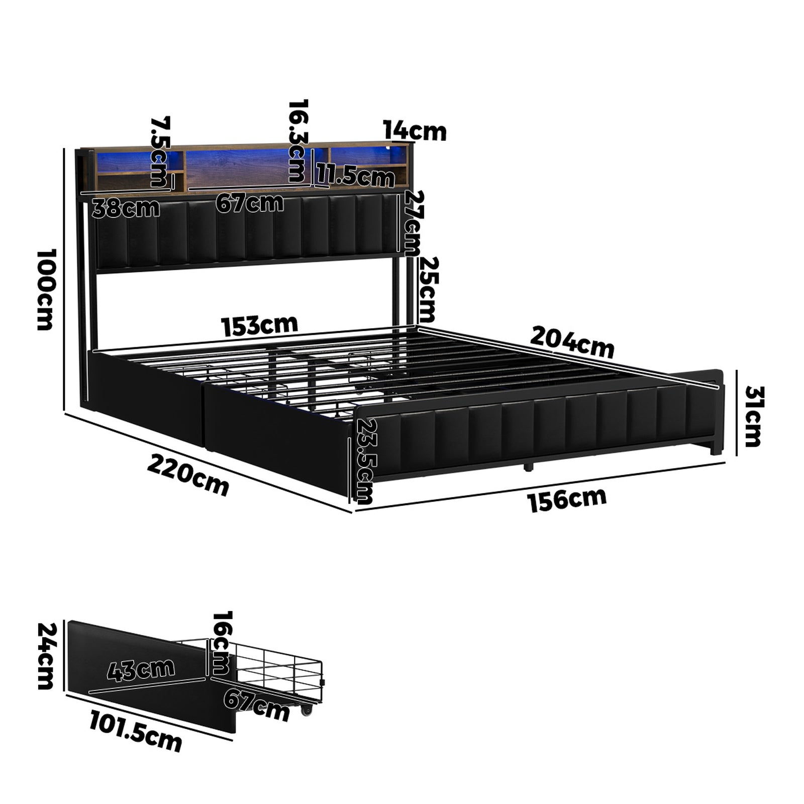 Oikiture Bed Frame Queen Size with LED Storage Bedhead 4 Drawers Leather - Sunyee