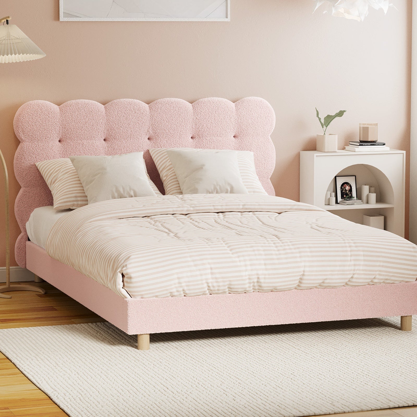 Oikiture Bed Frame Queen Double King Single Tufted Bedhead Boucle Fabric Pink - Sunyee