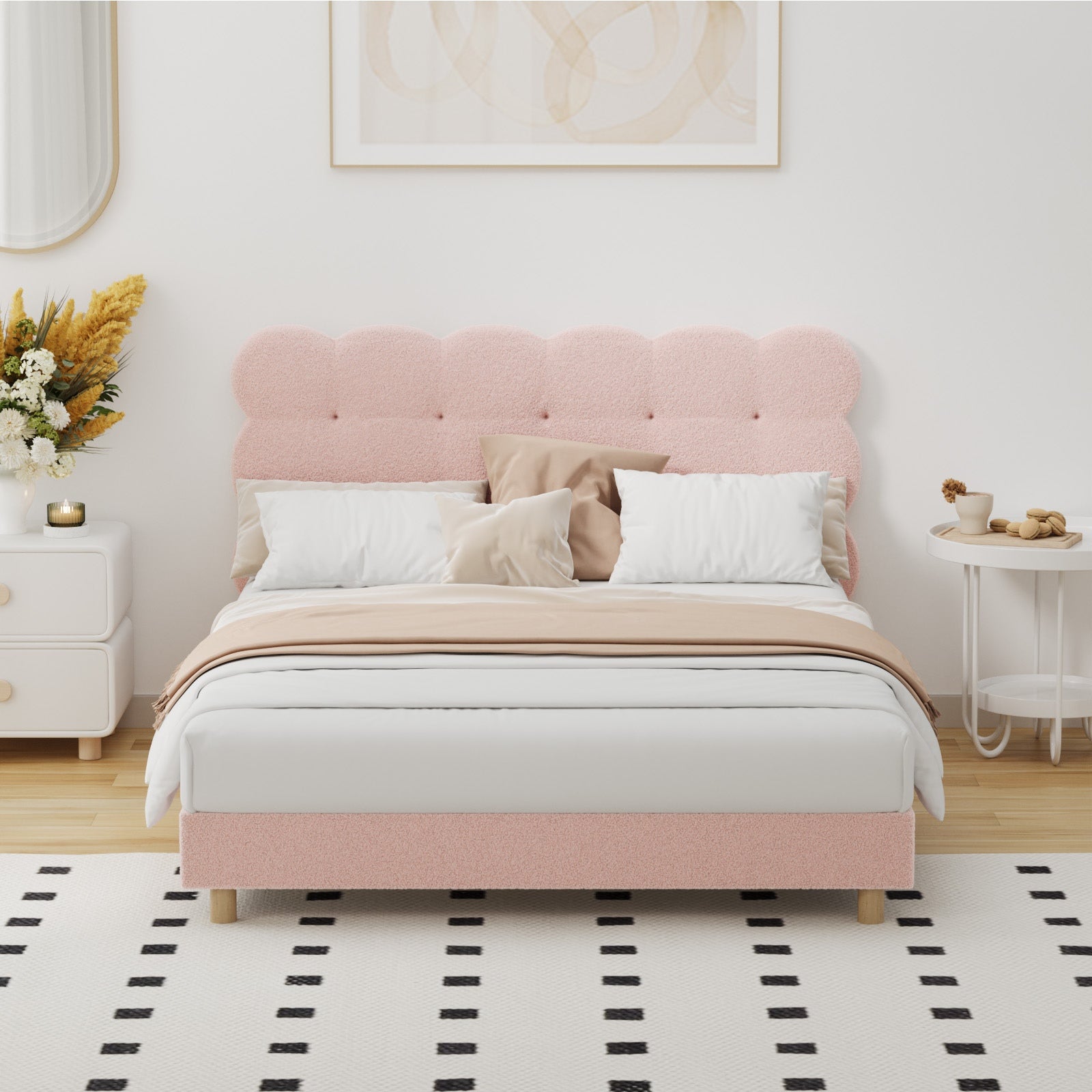 Oikiture Bed Frame Double Size Tufted Bedhead Boucle Fabric Pink - Sunyee
