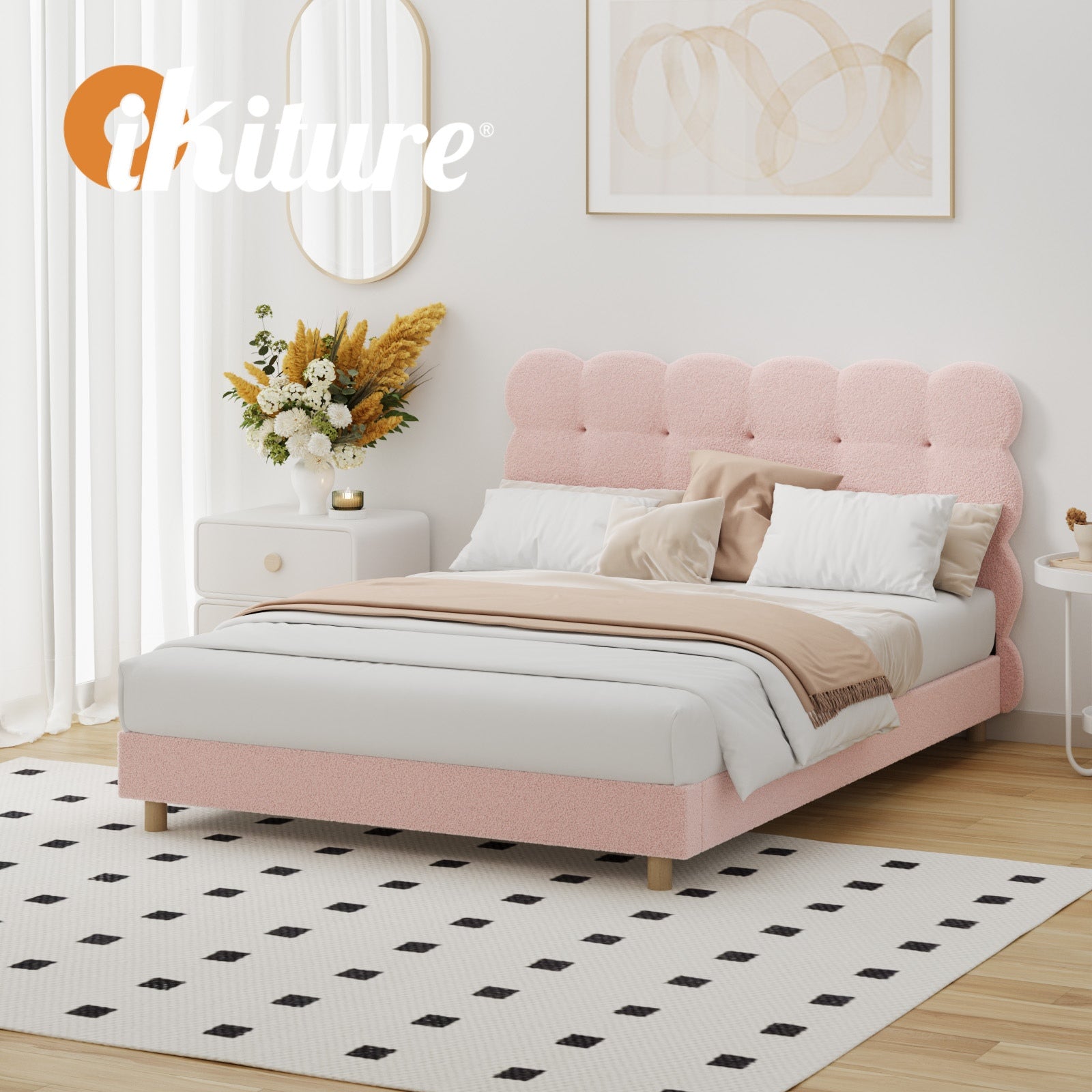 Oikiture Bed Frame Double Size Tufted Bedhead Boucle Fabric Pink - Sunyee