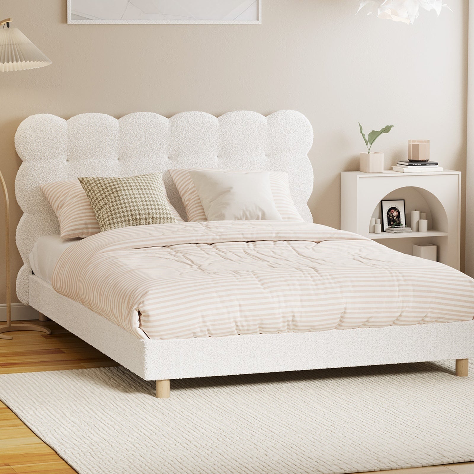 Oikiture Bed Frame Double Size Tufted Bedhead Boucle Fabric White - Sunyee