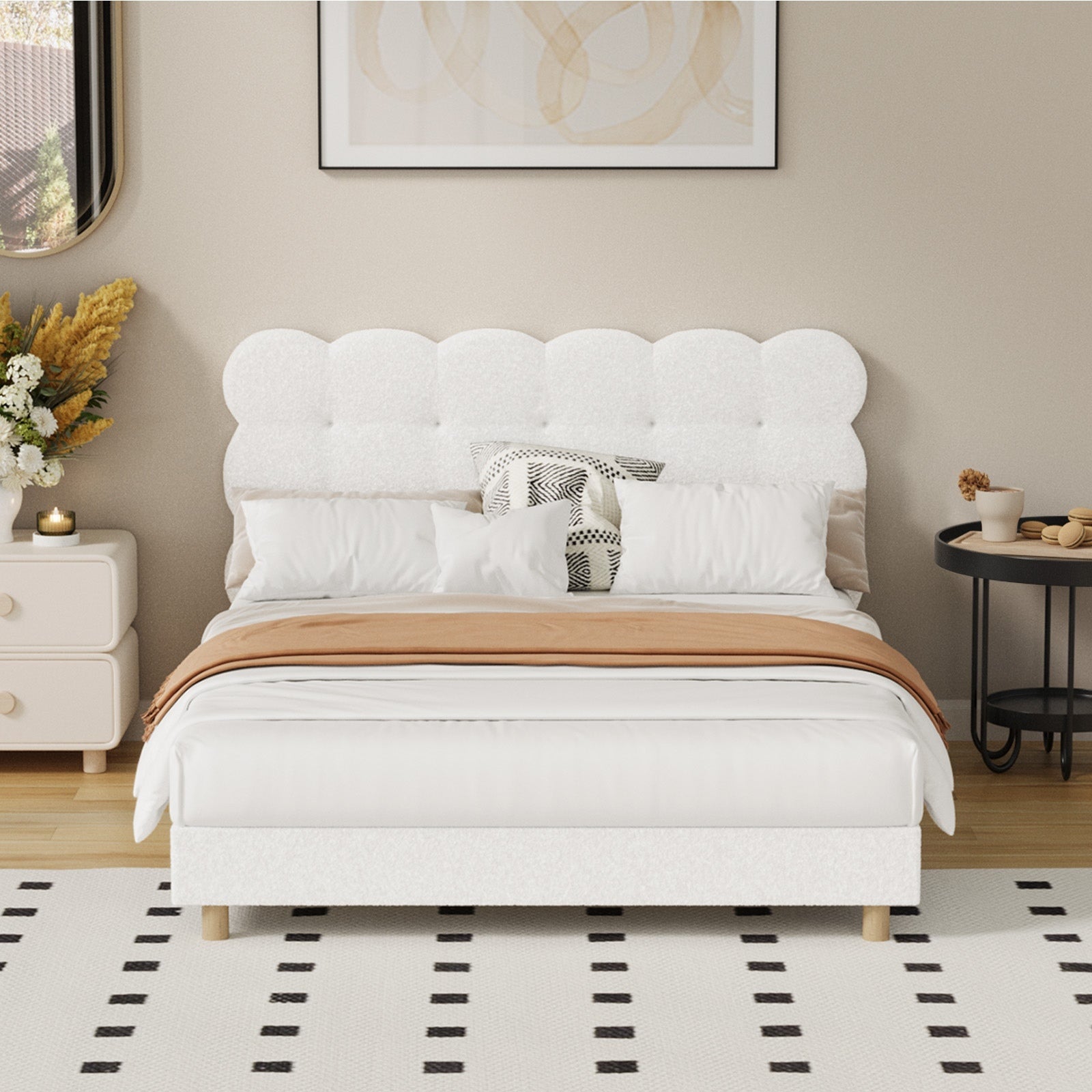 Oikiture Bed Frame Double Size Tufted Bedhead Boucle Fabric White - Sunyee