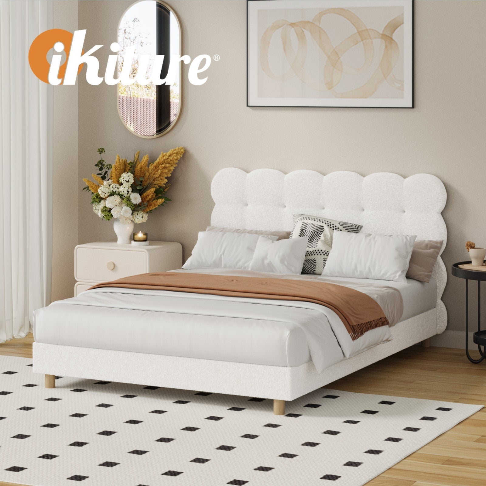 Oikiture Bed Frame Double Size Tufted Bedhead Boucle Fabric White - Sunyee