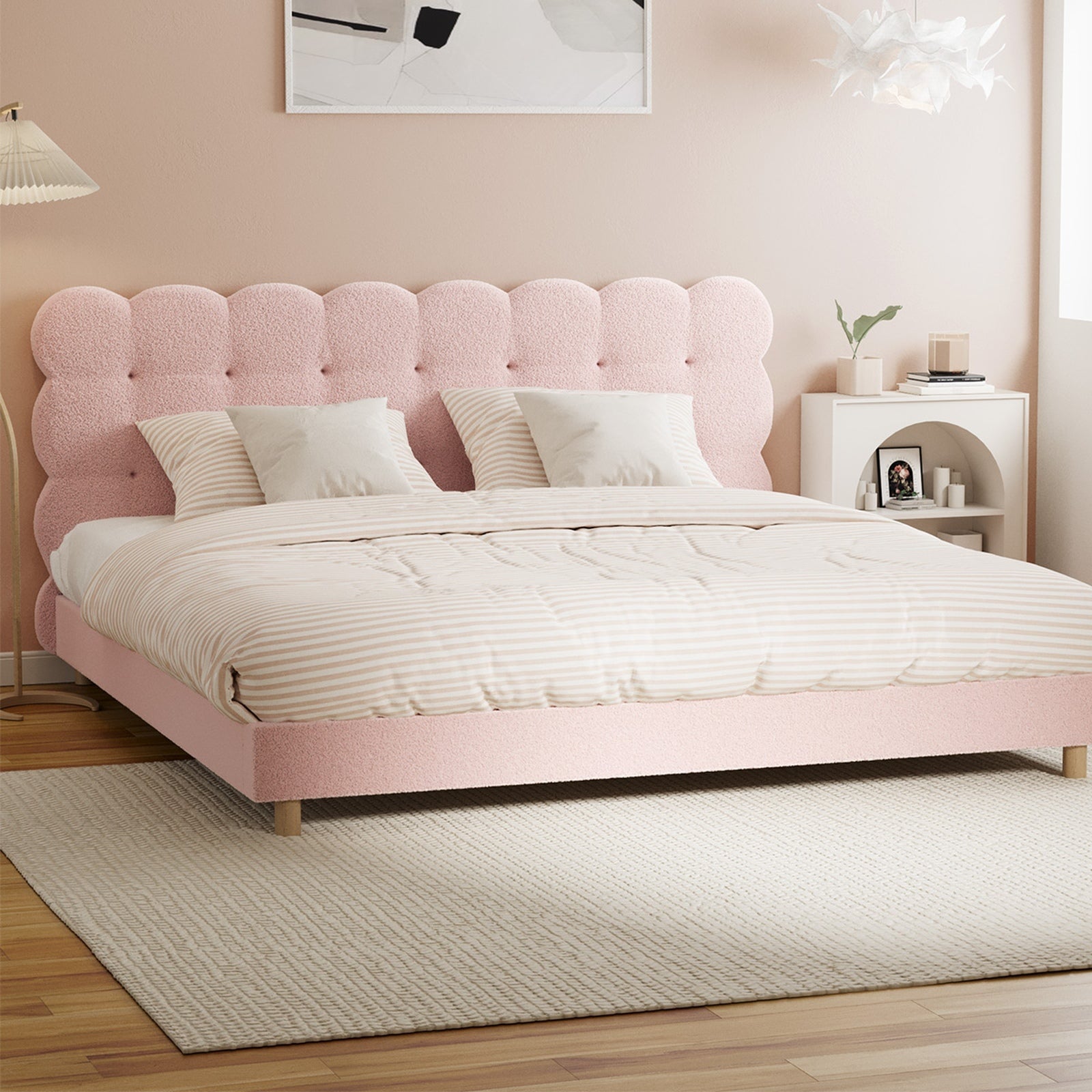 Oikiture Bed Frame Queen Double King Single Tufted Bedhead Boucle Fabric Pink - Sunyee