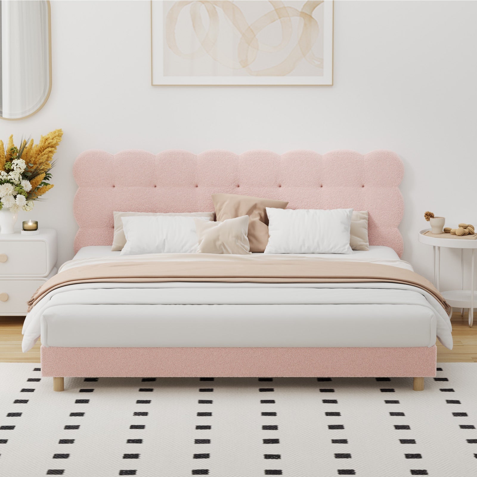 Oikiture Bed Frame King Size Tufted Bedhead Boucle Fabric Pink - Sunyee