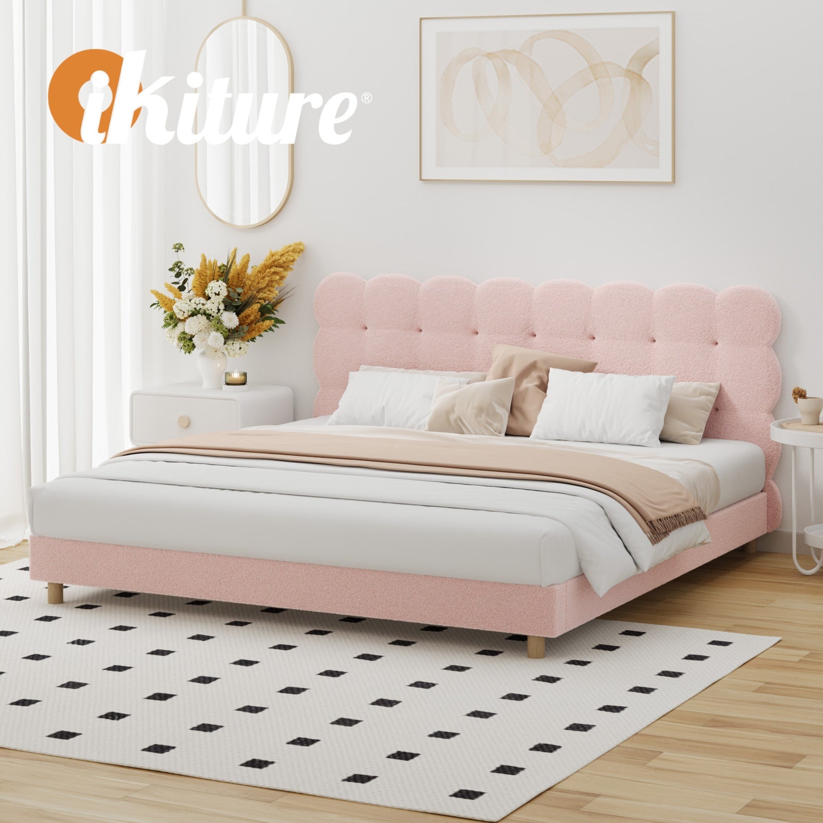 Oikiture Bed Frame King Size Tufted Bedhead Boucle Fabric Pink - Sunyee