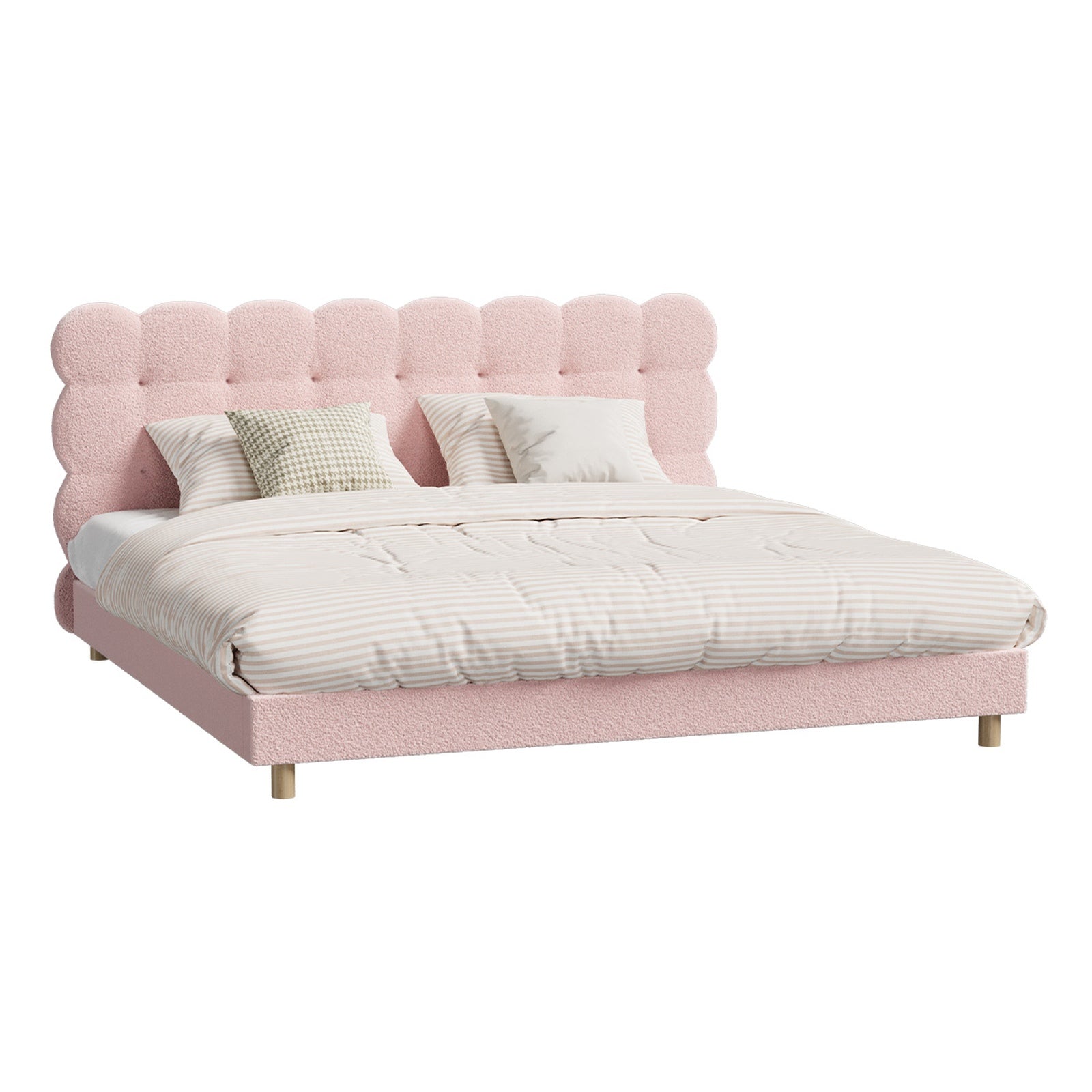 Oikiture Bed Frame Queen Double King Single Tufted Bedhead Boucle Fabric Pink - Sunyee