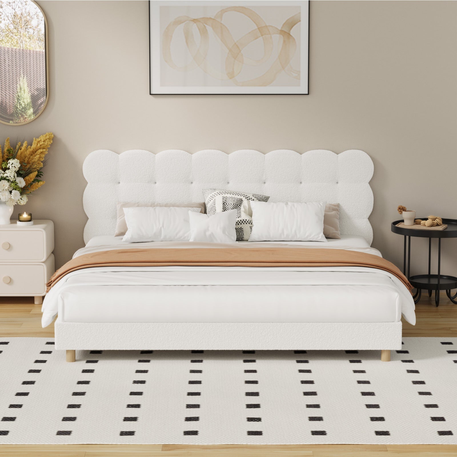 Oikiture Bed Frame King Size Tufted Bedhead Boucle Fabric White - Sunyee