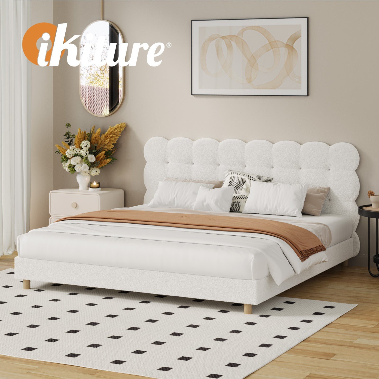 Oikiture Bed Frame King Size Tufted Bedhead Boucle Fabric White - Sunyee