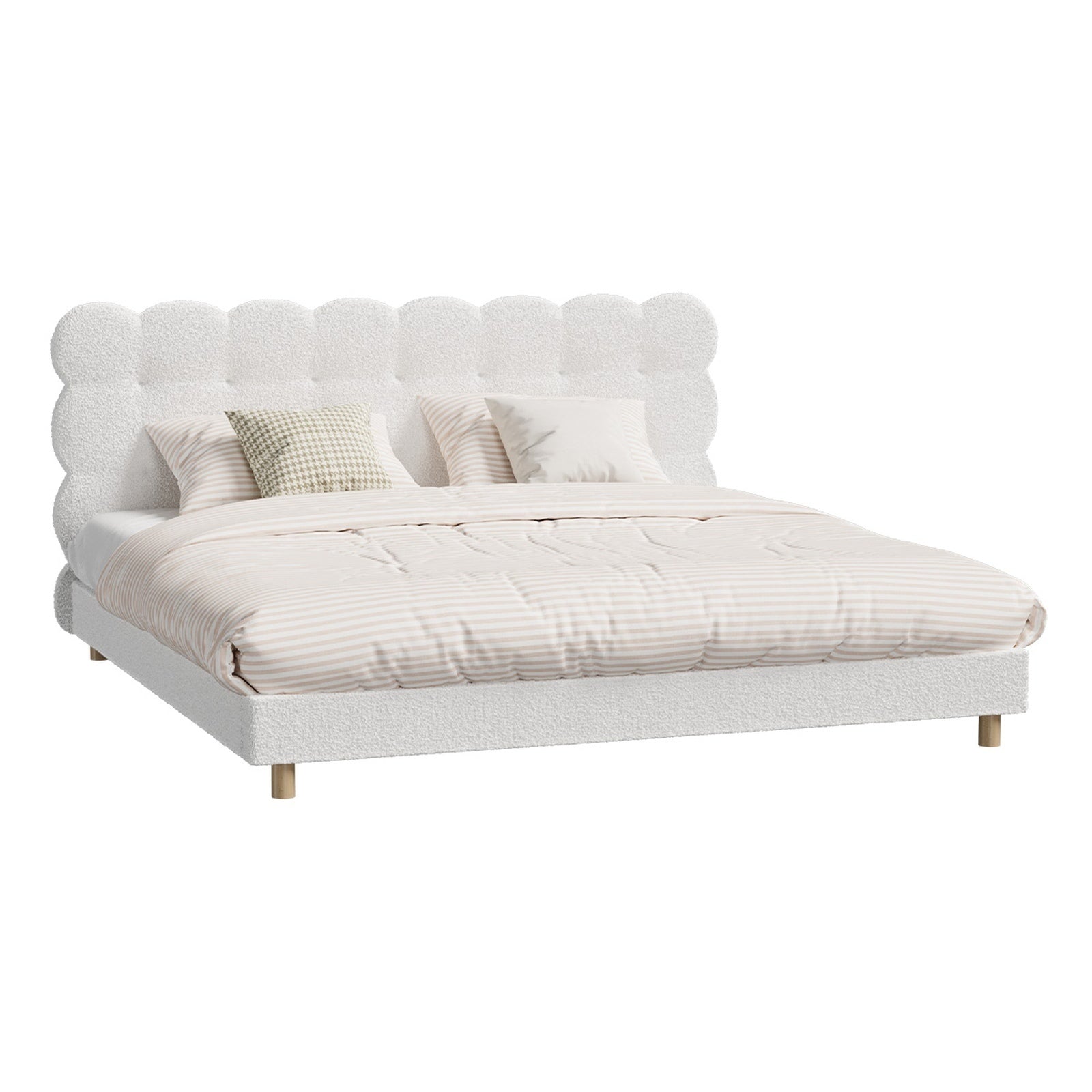Oikiture Bed Frame King Size Tufted Bedhead Boucle Fabric White - Sunyee