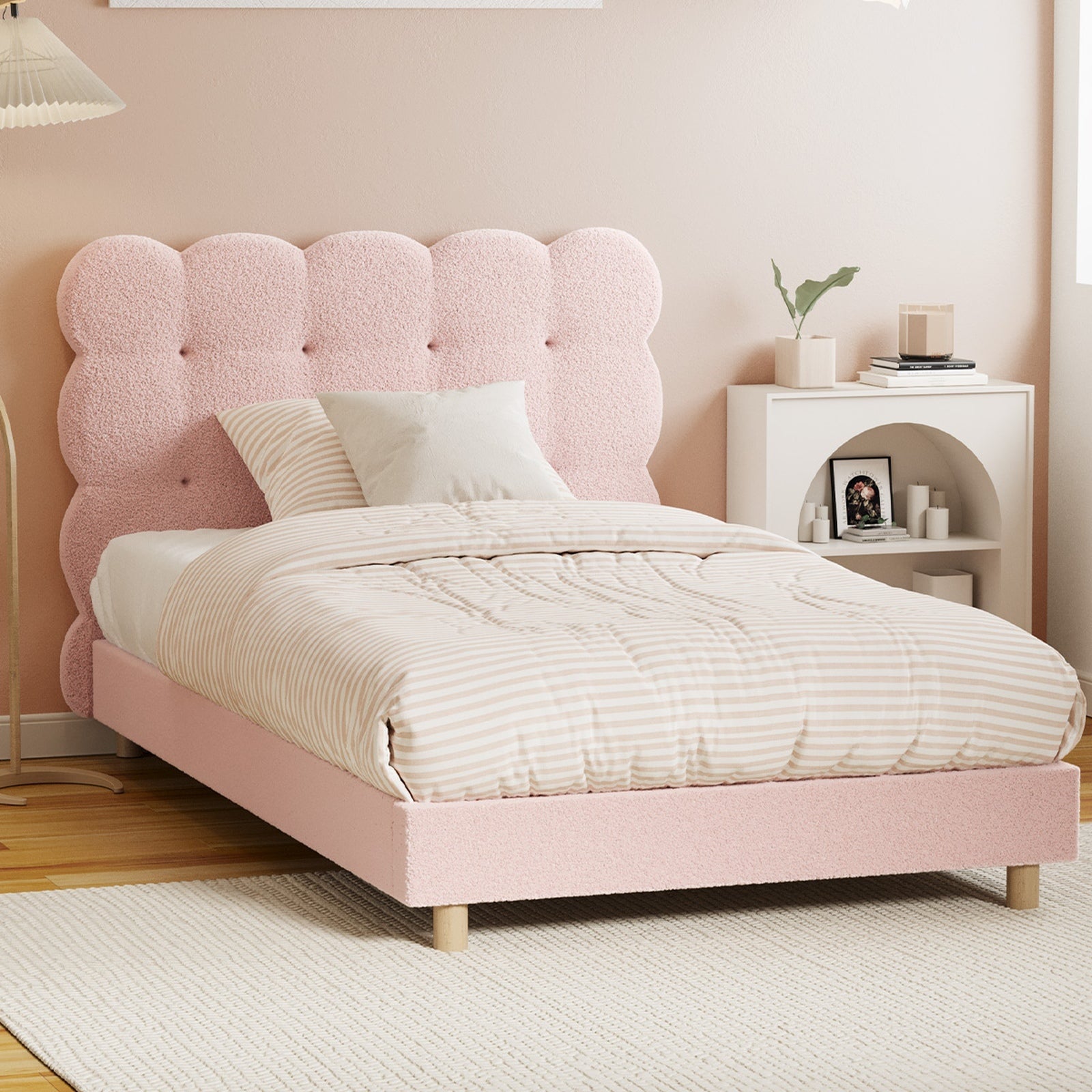 Oikiture Bed Frame King Single Tufted Bedhead Boucle Fabric Pink - Sunyee