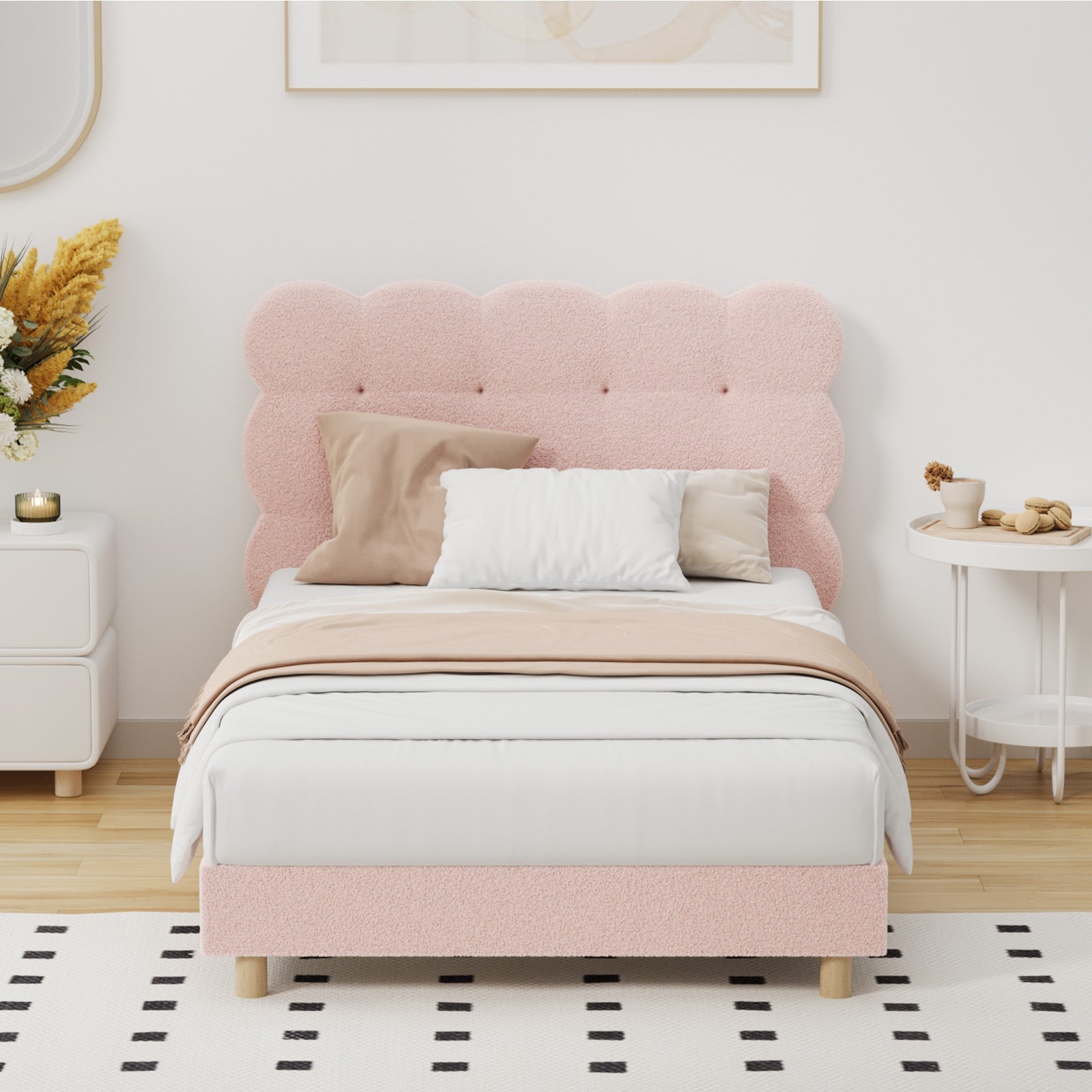 Oikiture Bed Frame King Single Tufted Bedhead Boucle Fabric Pink - Sunyee