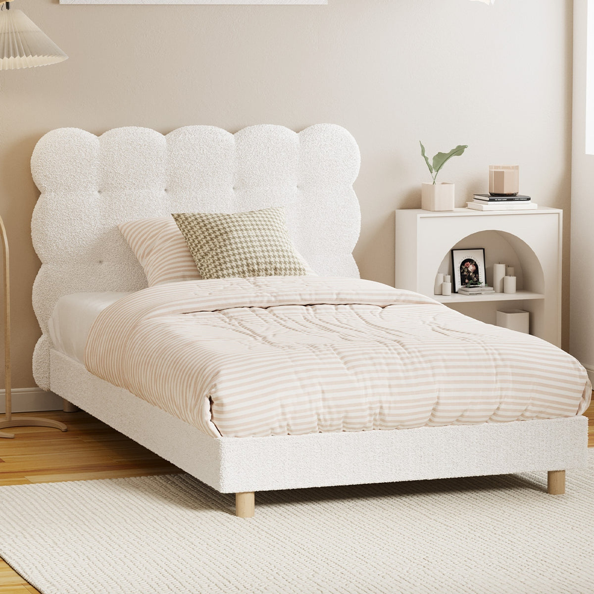 Oikiture Bed Frame King Single Tufted Bedhead Boucle Fabric White - Sunyee