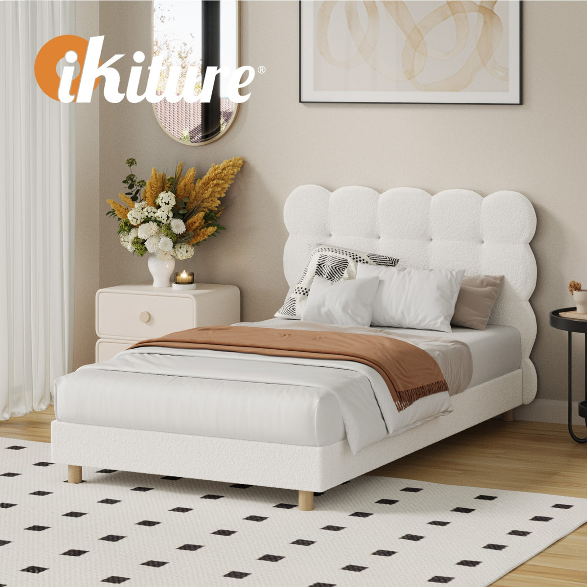 Oikiture Bed Frame King Single Tufted Bedhead Boucle Fabric White - Sunyee