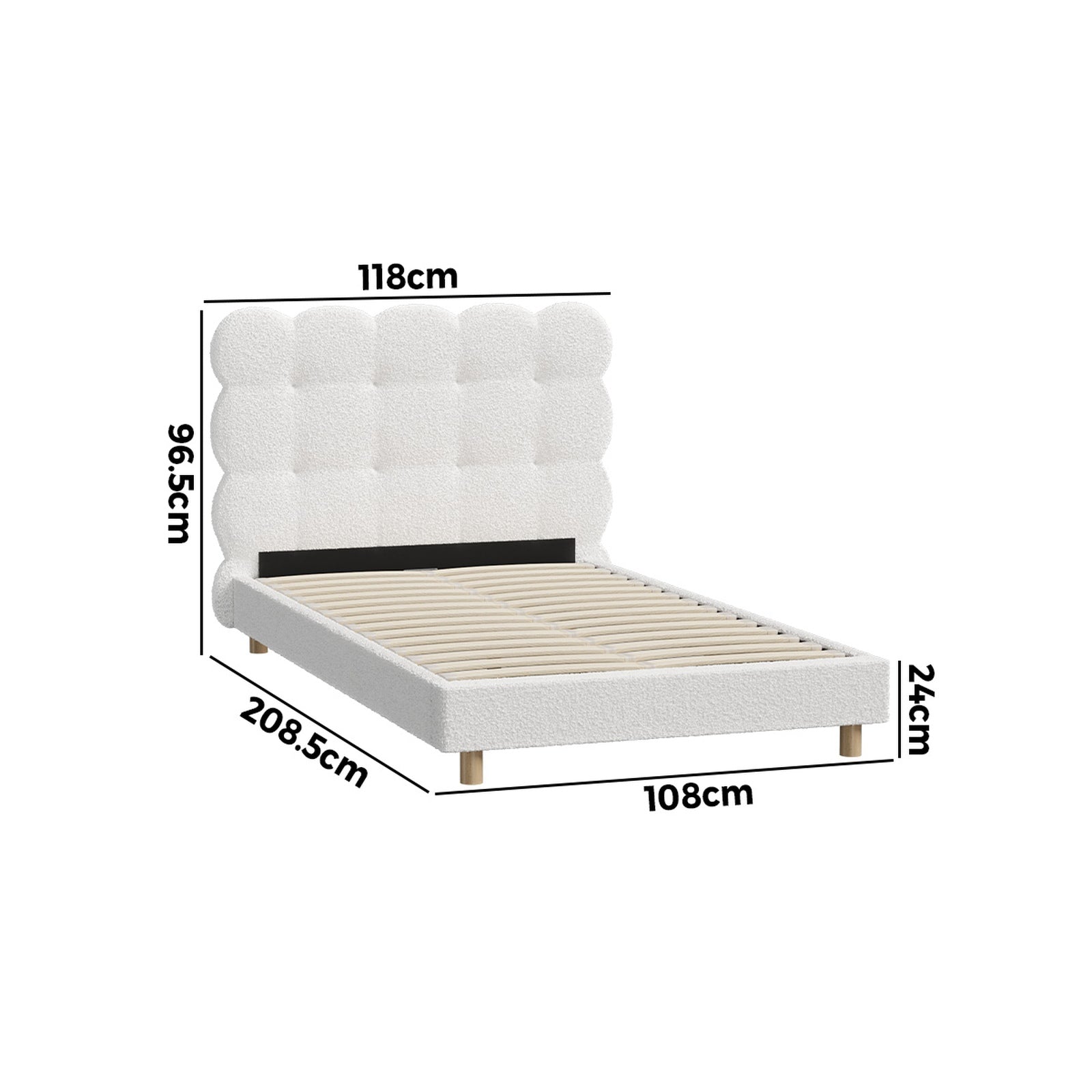 Oikiture Bed Frame King Single Tufted Bedhead Boucle Fabric White - Sunyee