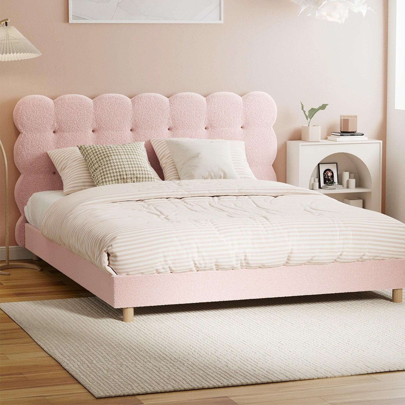 Oikiture Bed Frame Queen Double King Single Tufted Bedhead Boucle Fabric Pink - Sunyee