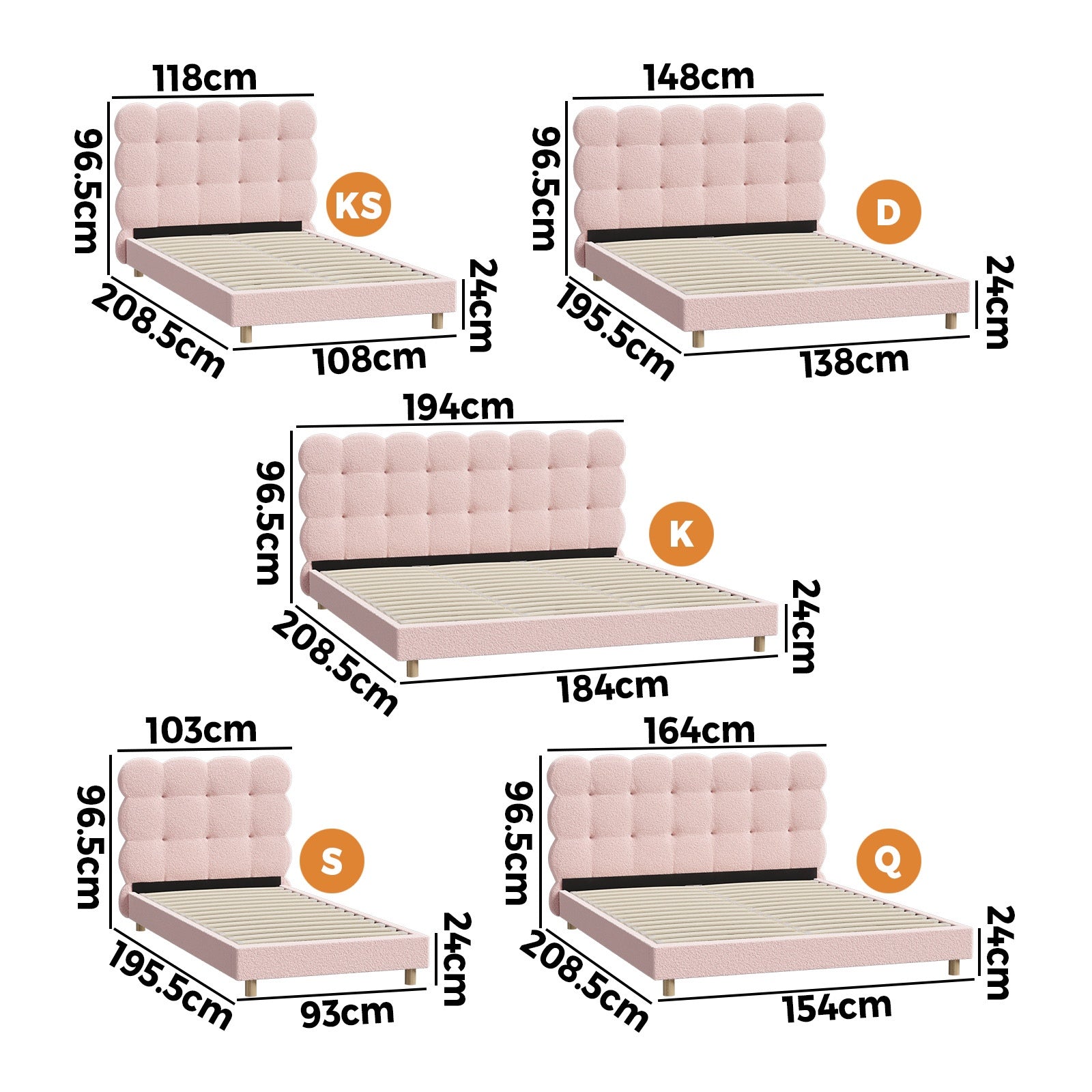 Oikiture Bed Frame Queen Double King Single Tufted Bedhead Boucle Fabric Pink - Sunyee