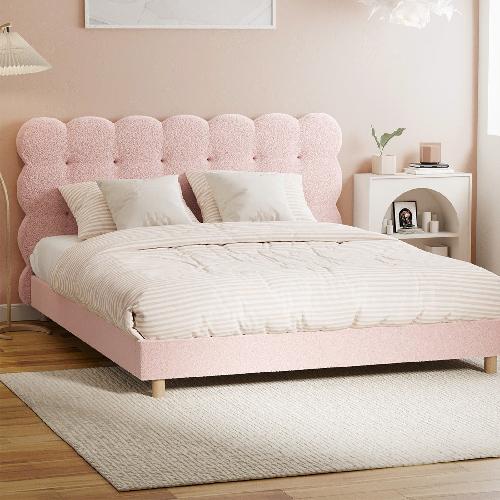 Oikiture Bed Frame Queen Size Tufted Bedhead Boucle Fabric Pink - Sunyee