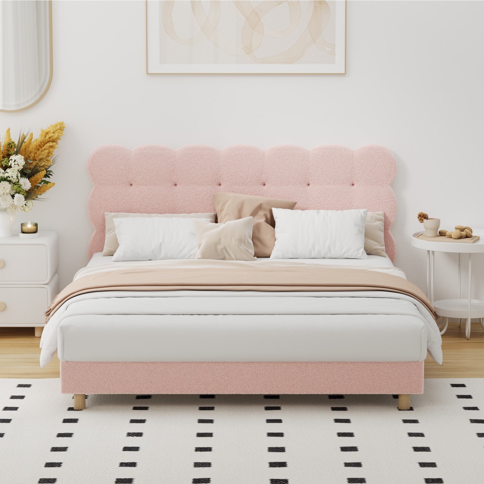 Oikiture Bed Frame Queen Size Tufted Bedhead Boucle Fabric Pink - Sunyee