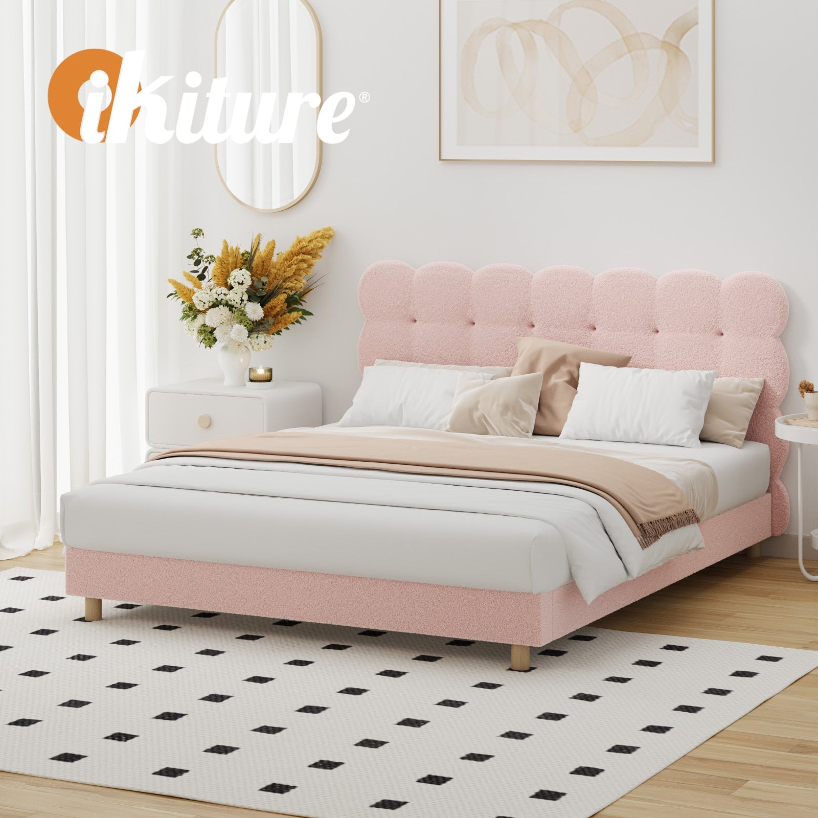 Oikiture Bed Frame Queen Size Tufted Bedhead Boucle Fabric Pink - Sunyee