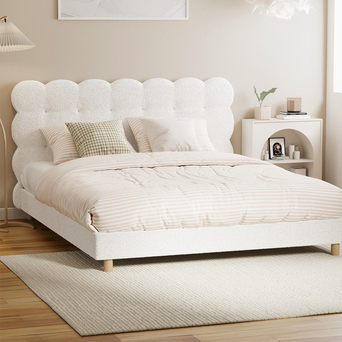 Oikiture Bed Frame Queen Size Tufted Bedhead Boucle Fabric White - Sunyee