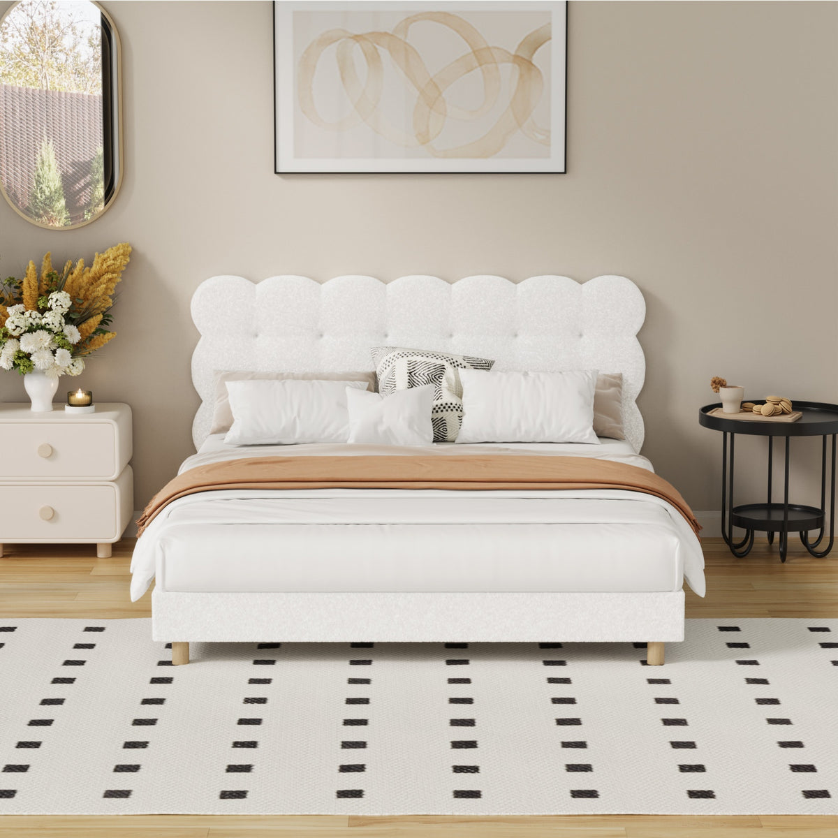 Oikiture Bed Frame Queen Size Tufted Bedhead Boucle Fabric White - Sunyee