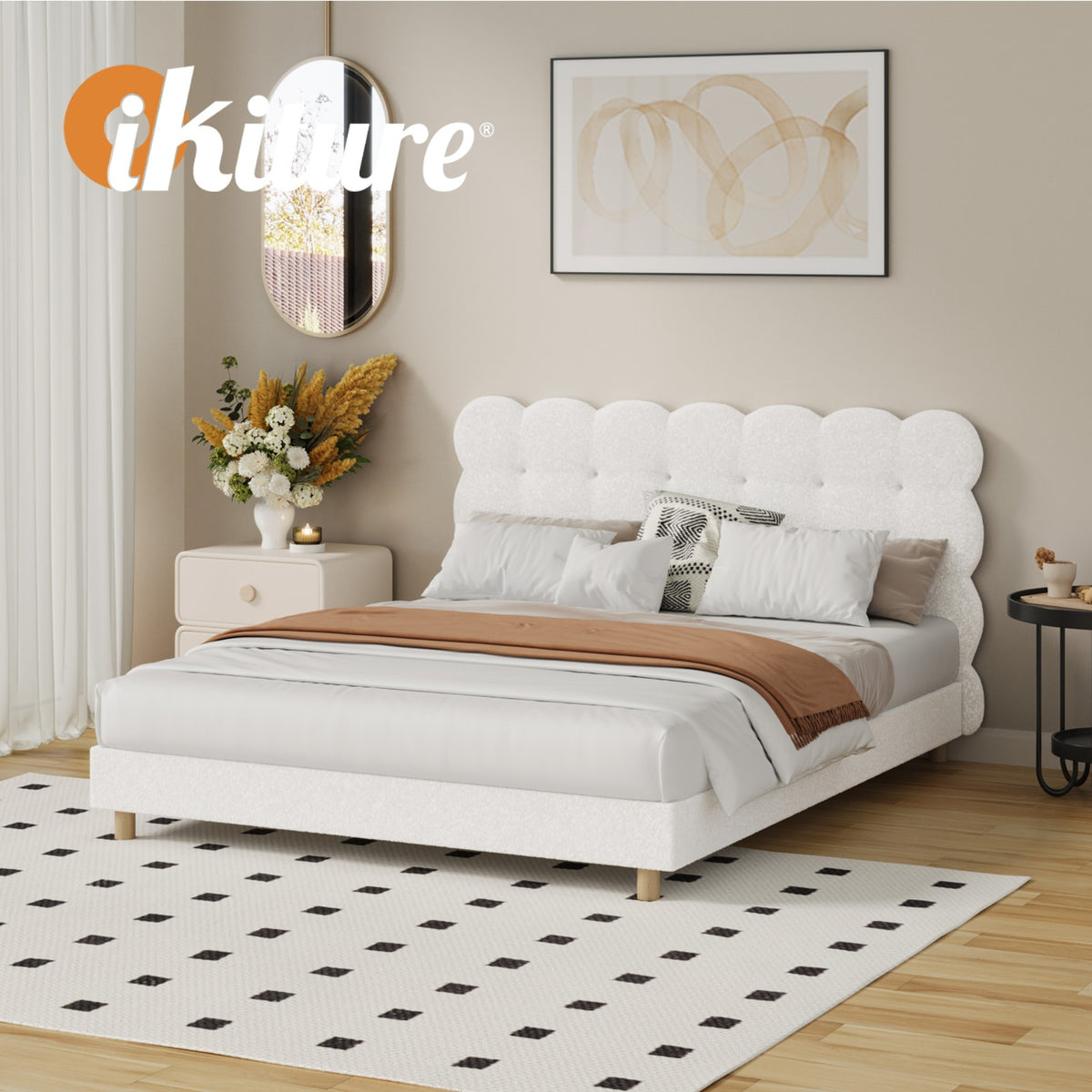 Oikiture Bed Frame Queen Size Tufted Bedhead Boucle Fabric White - Sunyee