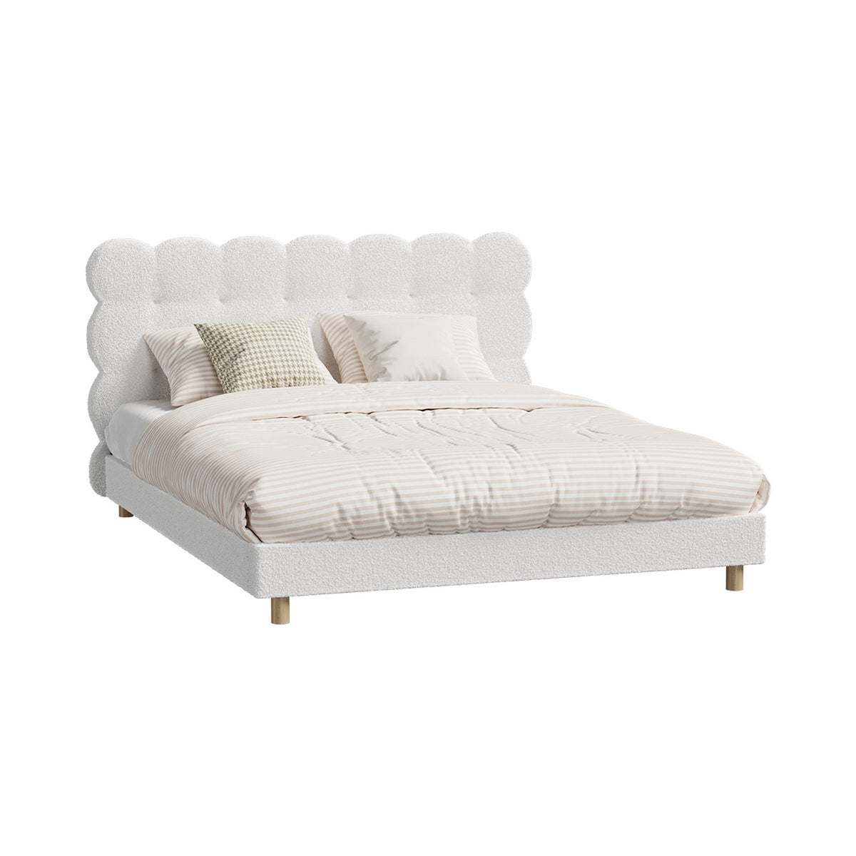 Oikiture Bed Frame Queen Size Tufted Bedhead Boucle Fabric White - Sunyee