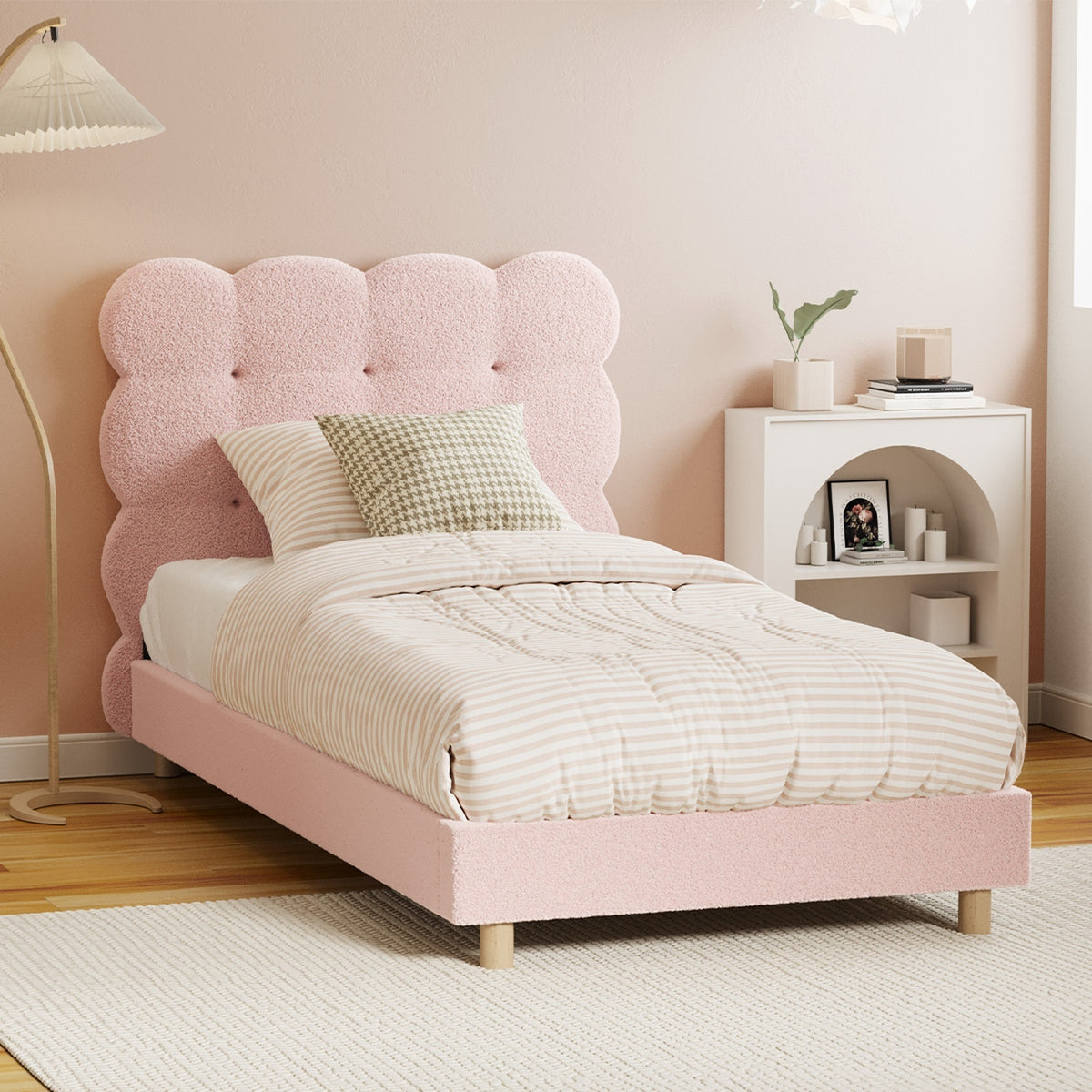 Oikiture Bed Frame Single Size Tufted Bedhead Boucle Fabric Pink - Sunyee