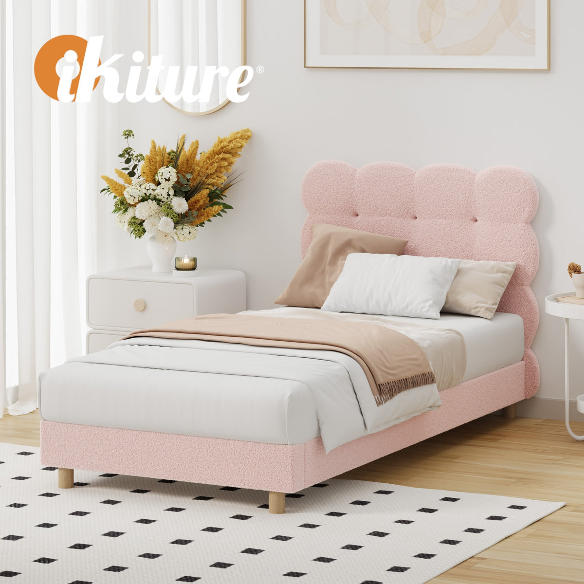 Oikiture Bed Frame Single Size Tufted Bedhead Boucle Fabric Pink - Sunyee