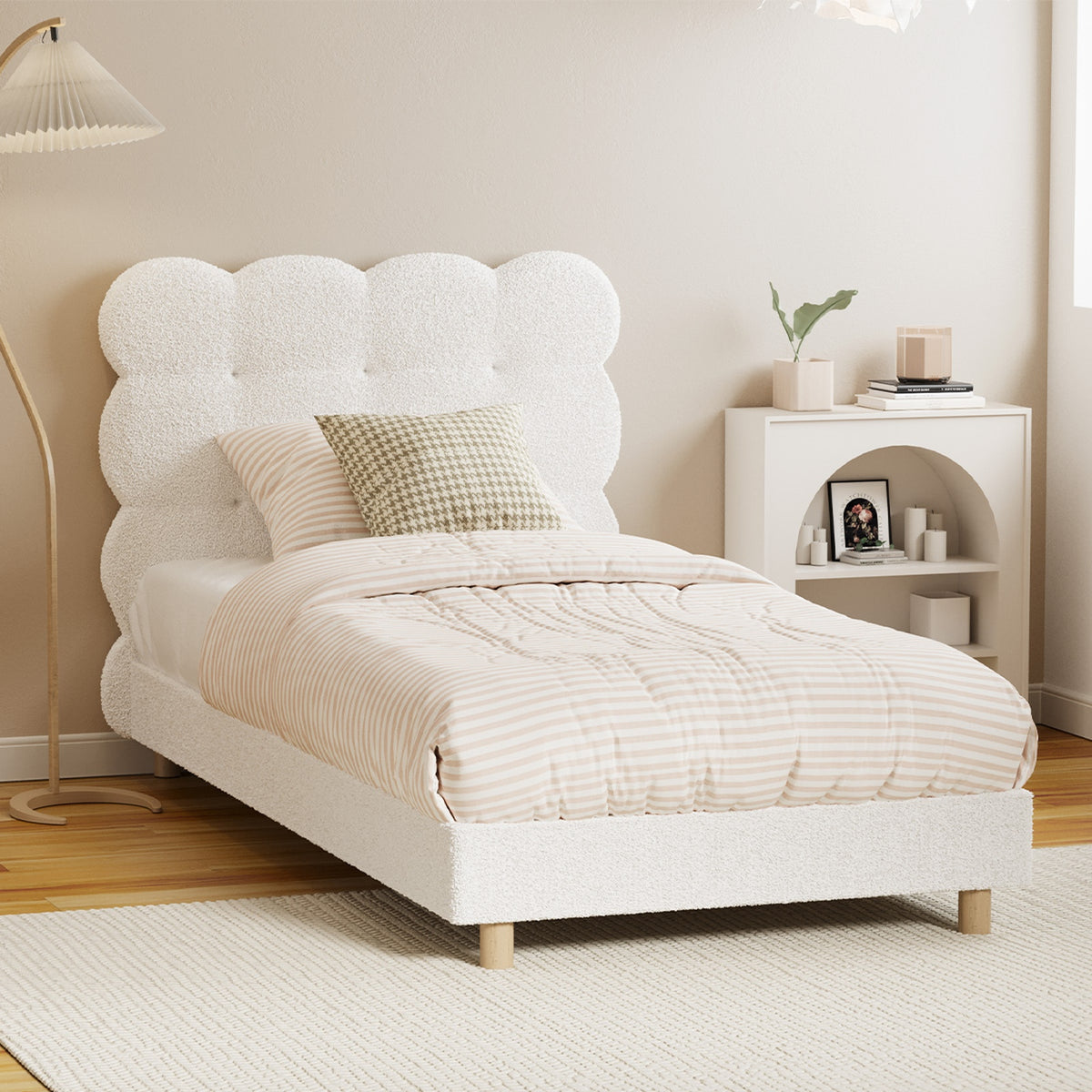 Oikiture Bed Frame Single Size Tufted Bedhead Boucle Fabric White - Sunyee