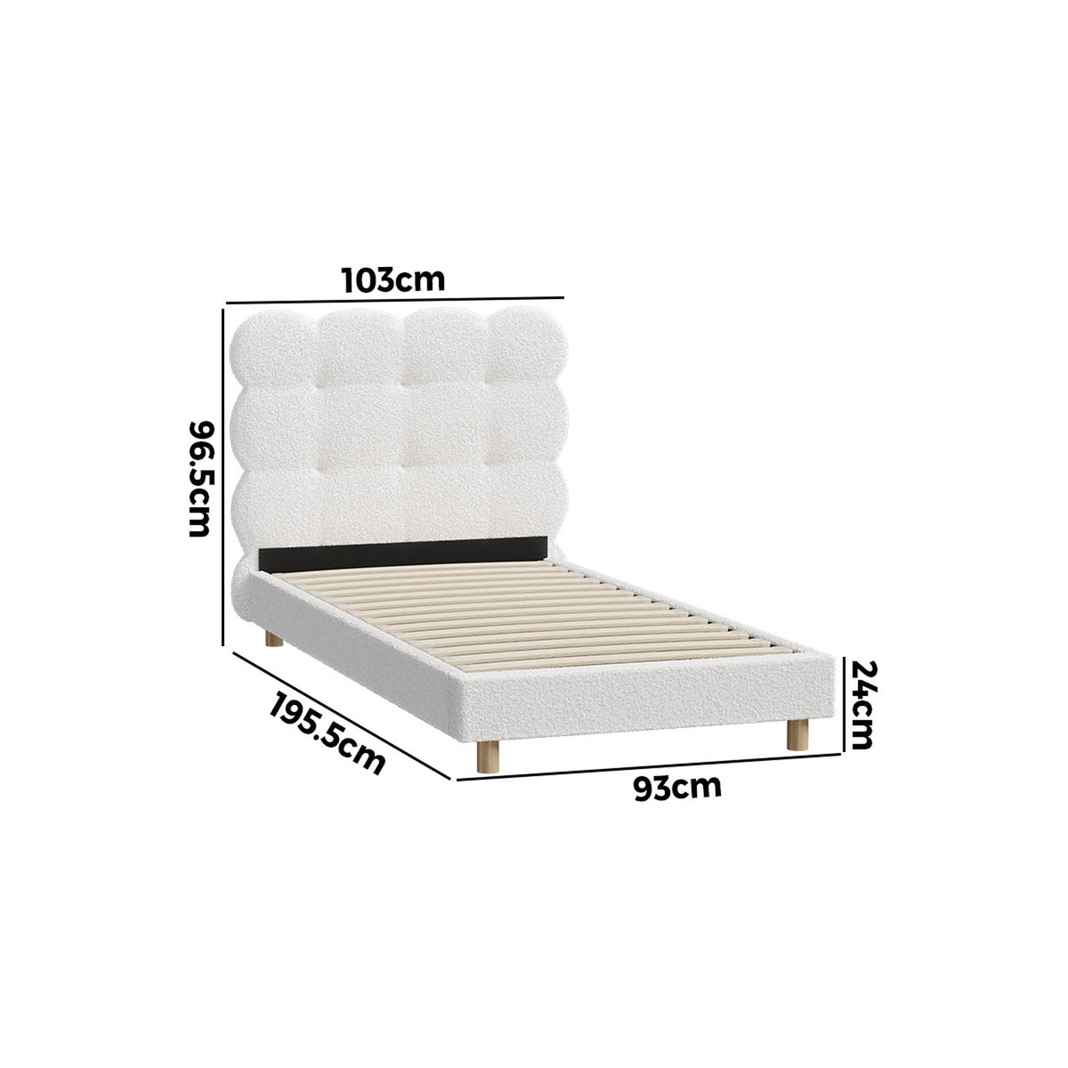 Oikiture Bed Frame Single Size Tufted Bedhead Boucle Fabric White - Sunyee