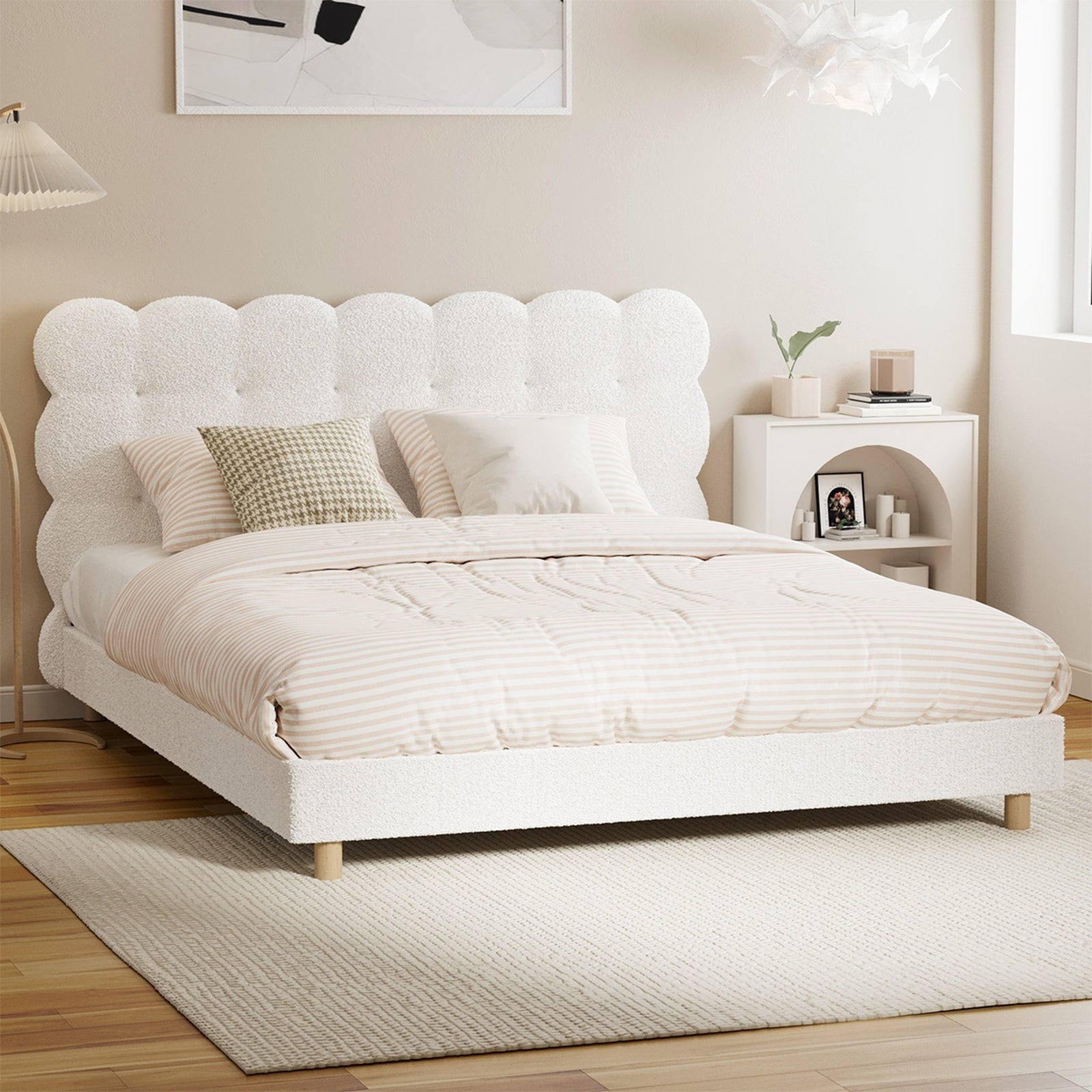 Oikiture Bed Frame Queen Double King Single Tufted Bedhead Boucle Fabric White - Sunyee