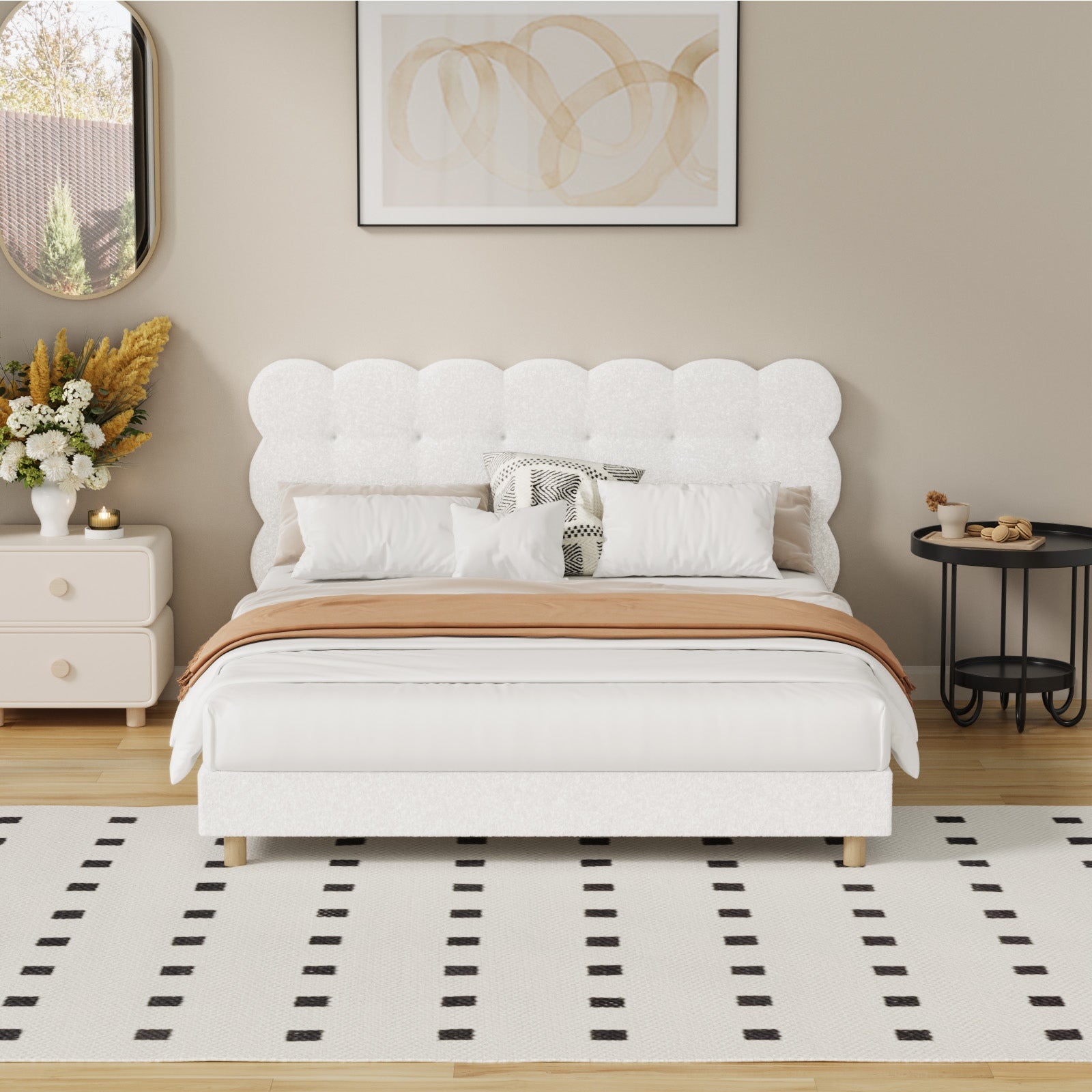 Oikiture Bed Frame Queen Double King Single Tufted Bedhead Boucle Fabric White - Sunyee
