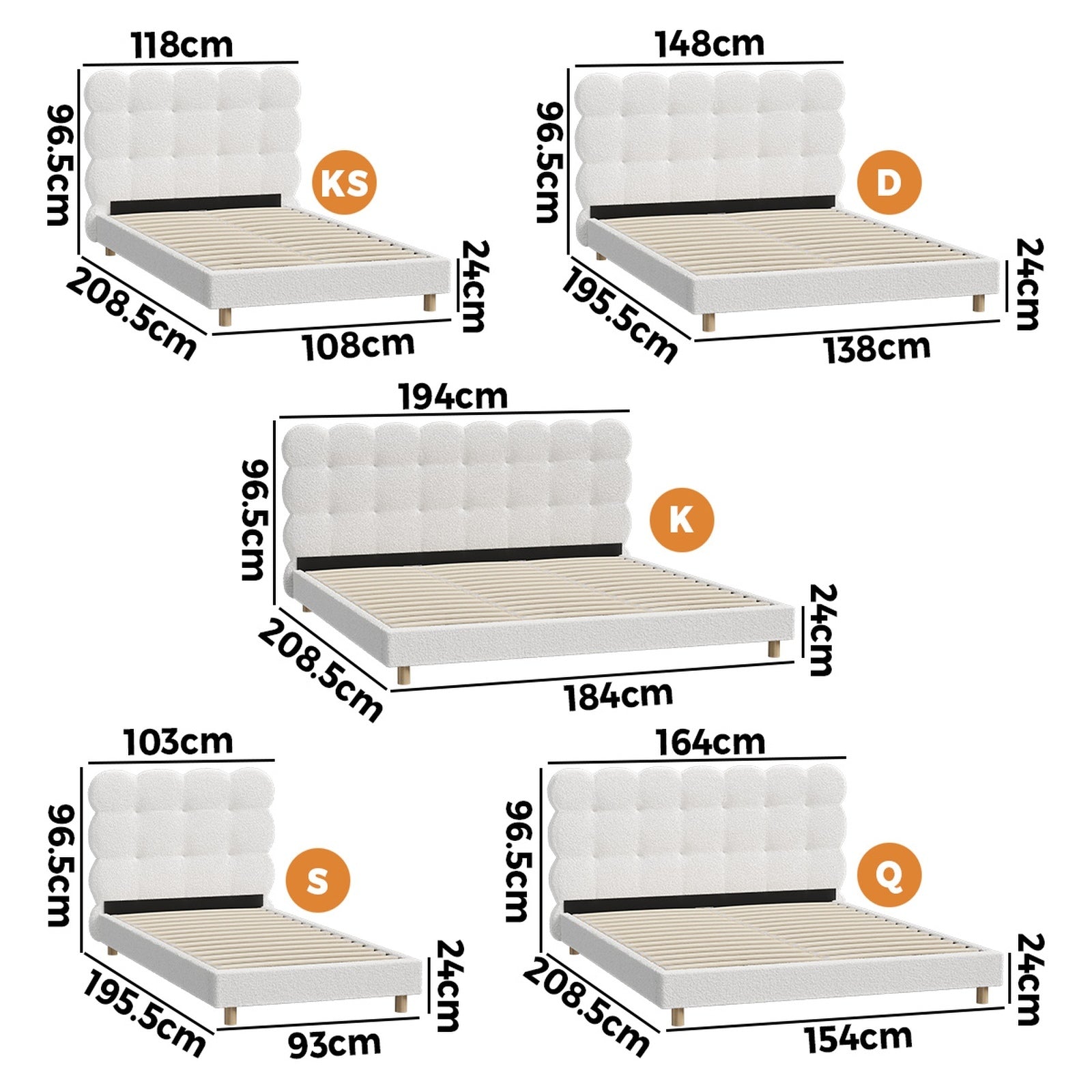 Oikiture Bed Frame Queen Double King Single Tufted Bedhead Boucle Fabric White - Sunyee