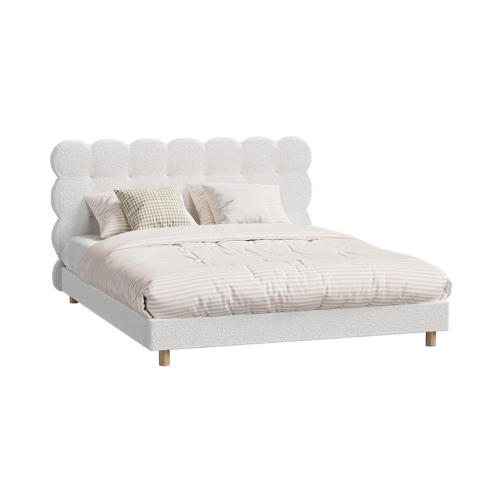 Oikiture Bed Frame Queen Double King Single Tufted Bedhead Boucle Fabric White - Sunyee