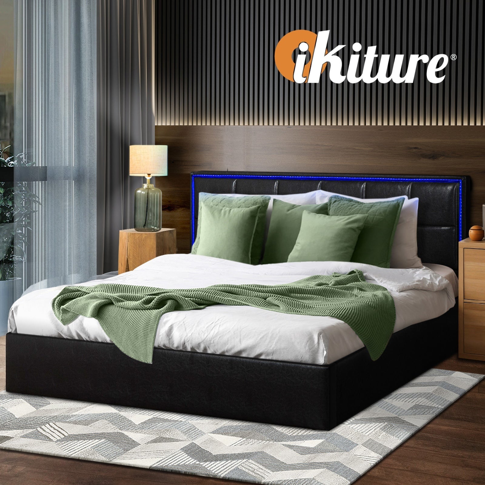 Oikiture Bed Frame Queen Double King Single Size RGB LED Gas Lift Storage Base - Sunyee