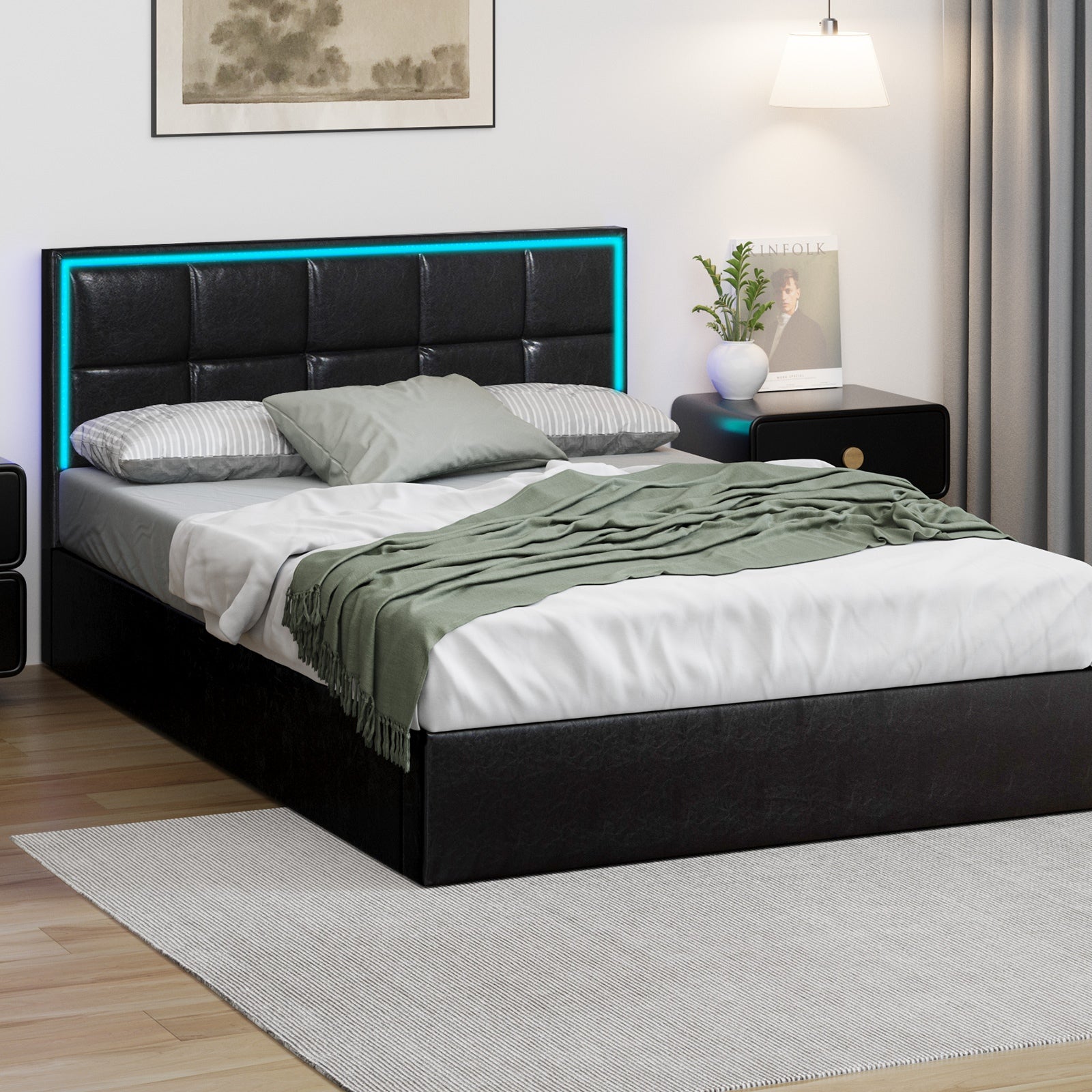 Oikiture Bed Frame Double Size RGB LED Gas Lift Storage Base Leather - Sunyee