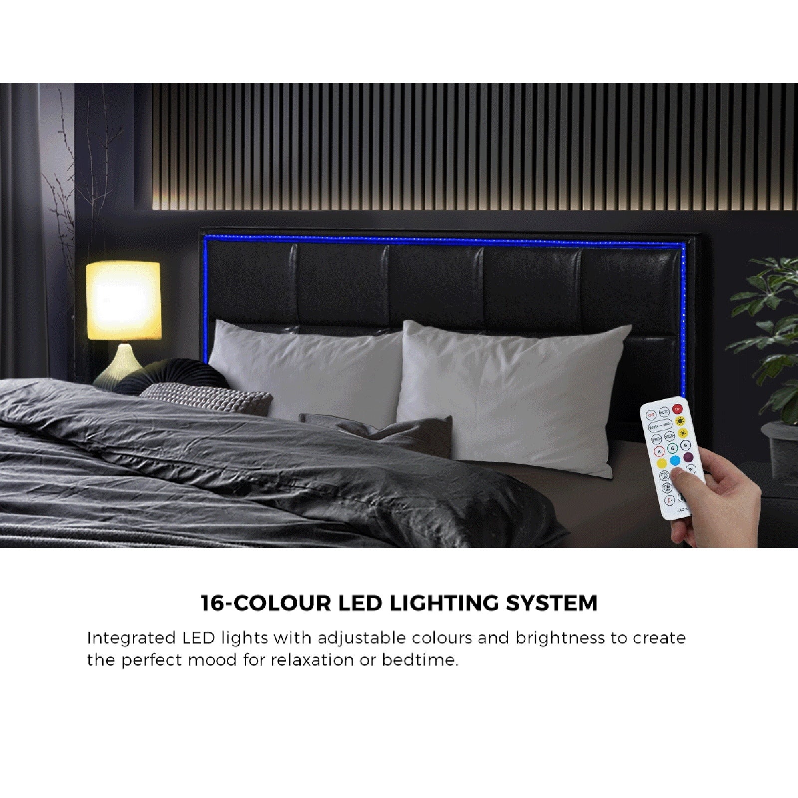Oikiture Bed Frame Double Size RGB LED Gas Lift Storage Base Leather - Sunyee