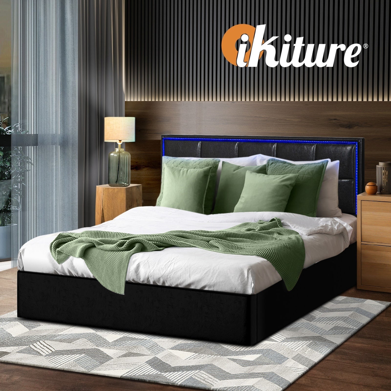 Oikiture Bed Frame Double Size RGB LED Gas Lift Storage Base Leather - Sunyee