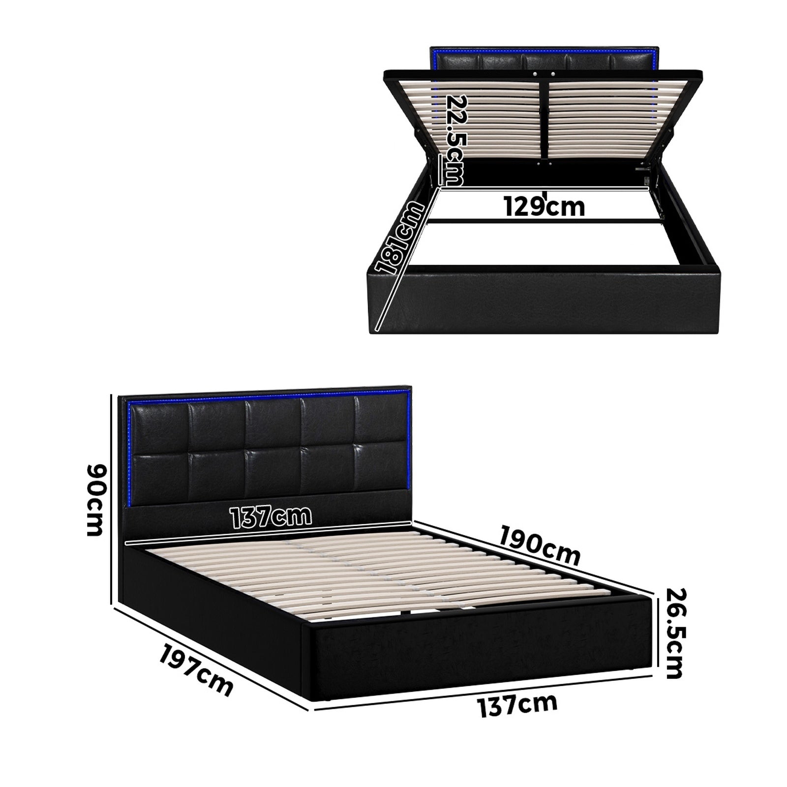 Oikiture Bed Frame Double Size RGB LED Gas Lift Storage Base Leather - Sunyee
