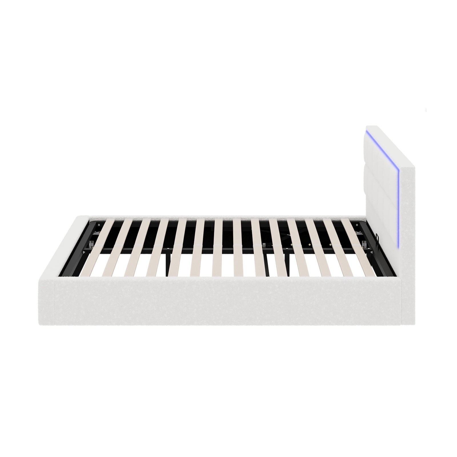 Oikiture Bed Frame Double Size RGB LED Gas Lift Storage Base White Boucle - Sunyee