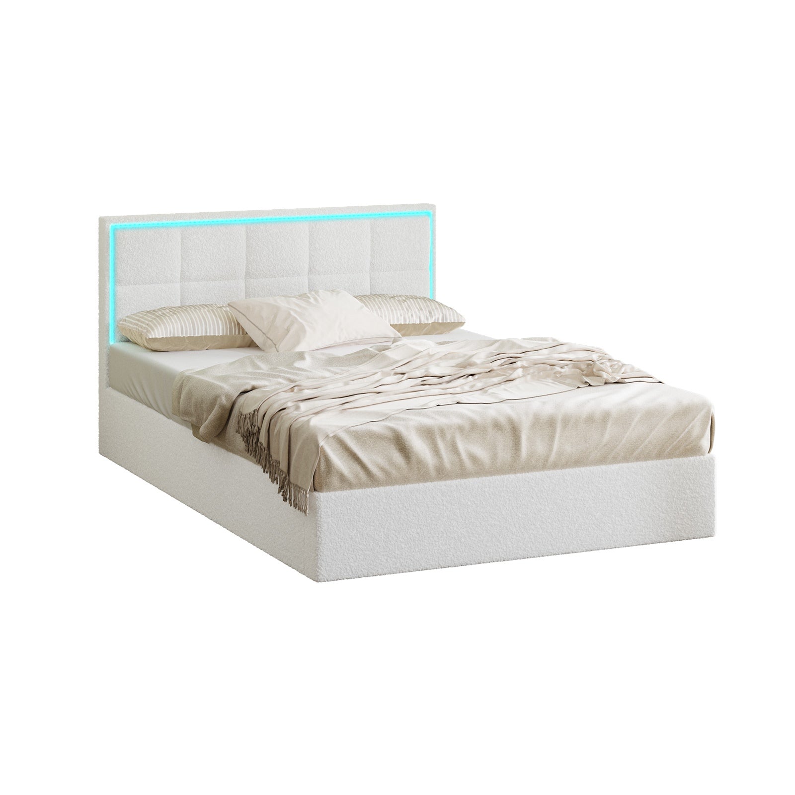 Oikiture Bed Frame Double Size RGB LED Gas Lift Storage Base White Boucle - Sunyee